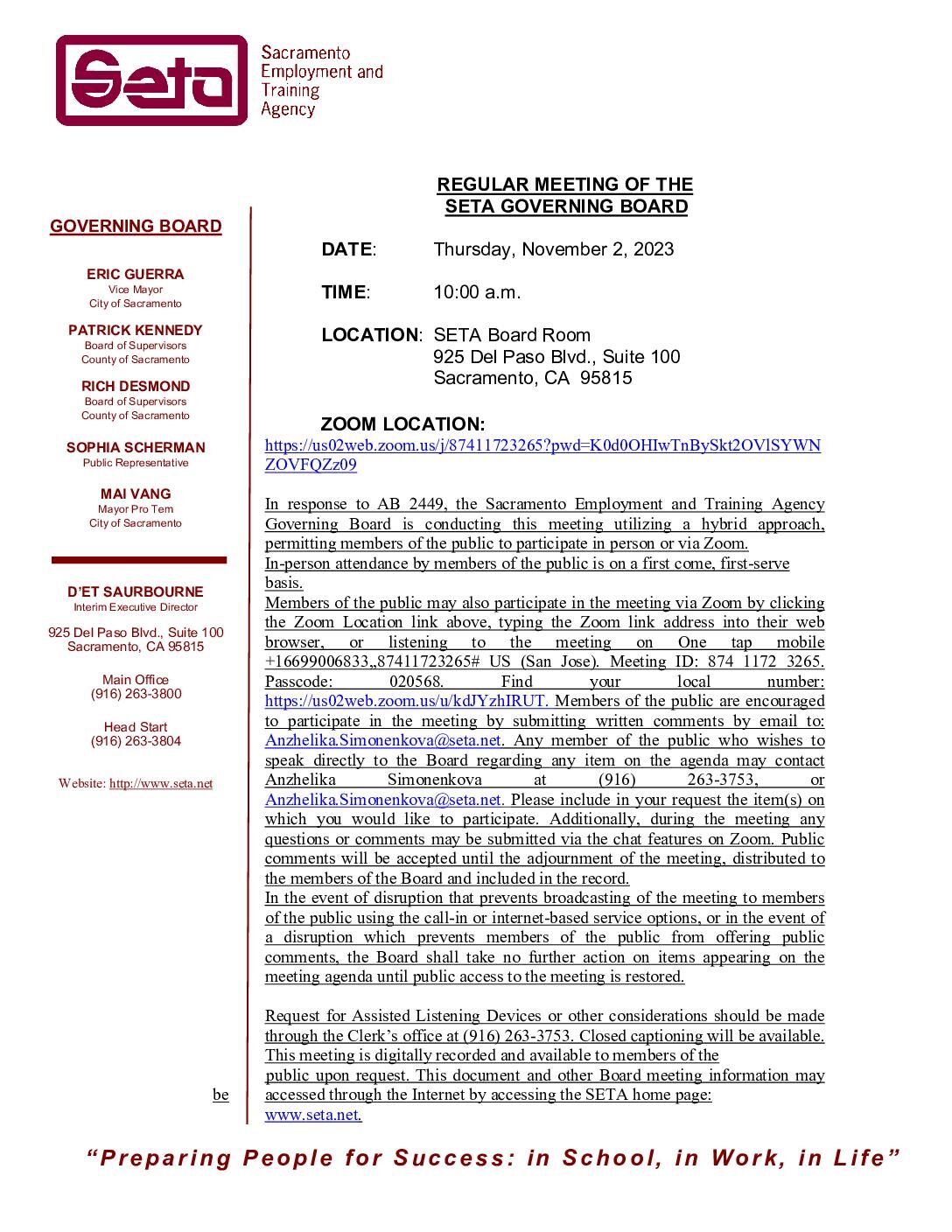 Regular Meeting of the SETA Governing Board 11/02/2023