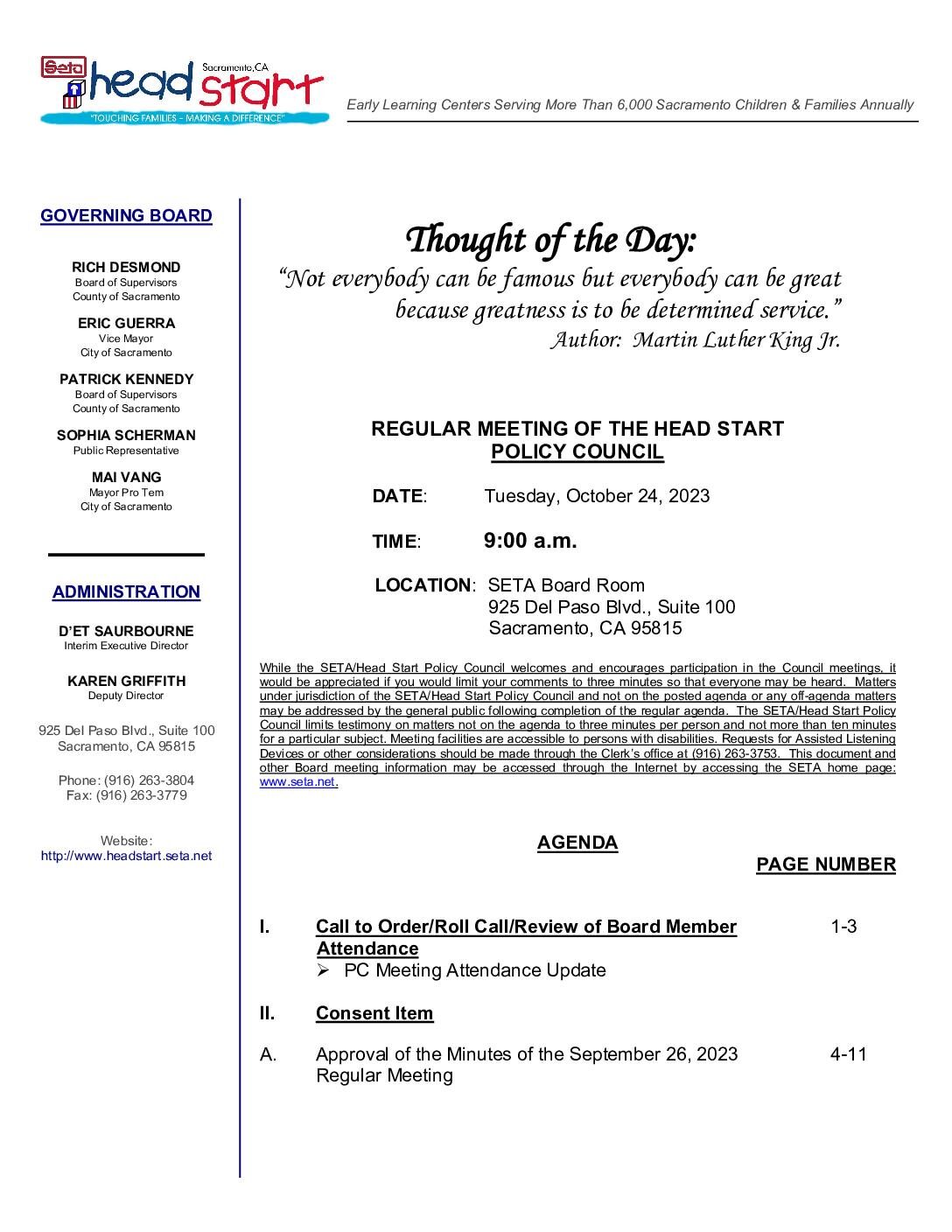 Head Start/Early Head Start Policy Council 10/24/2023
