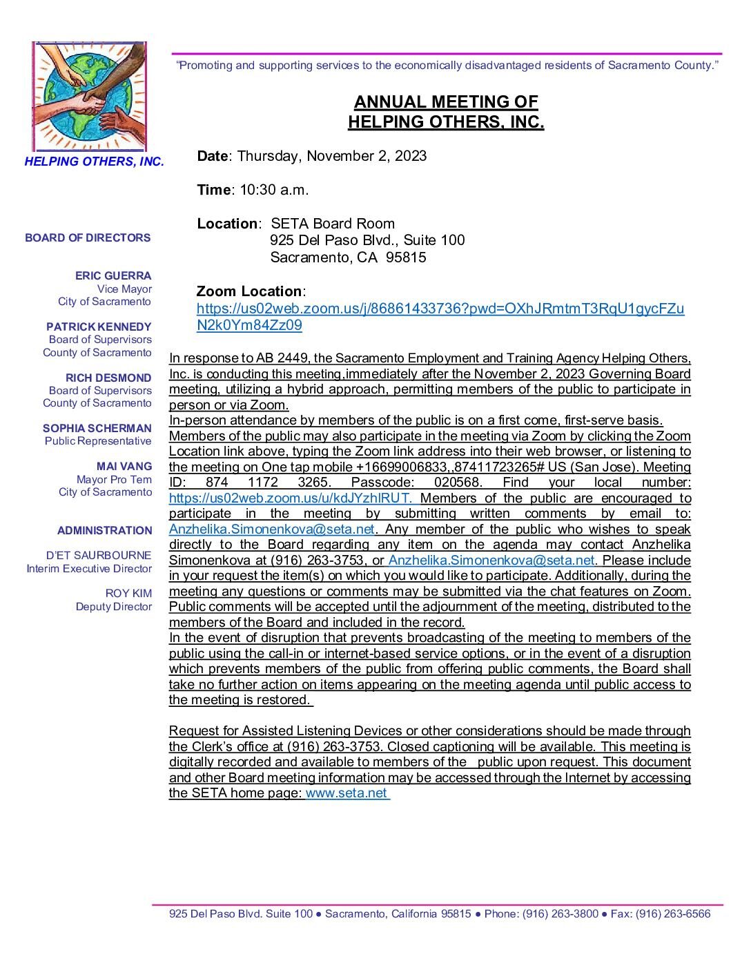 Annual Meeting of Helping Others, Inc. 11/02/2023