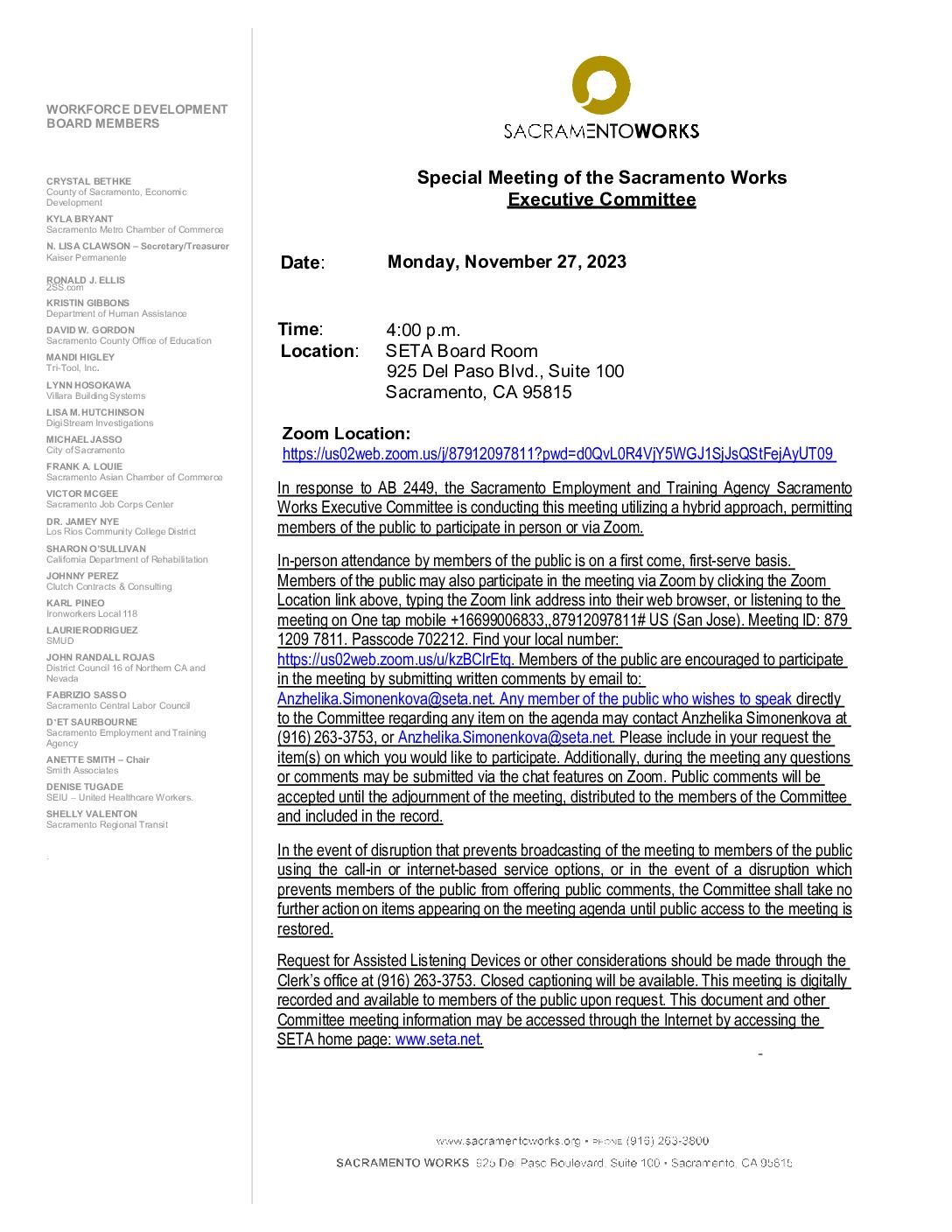 Special Meeting of the Sacramento Works Executive Committee 11/27/2023