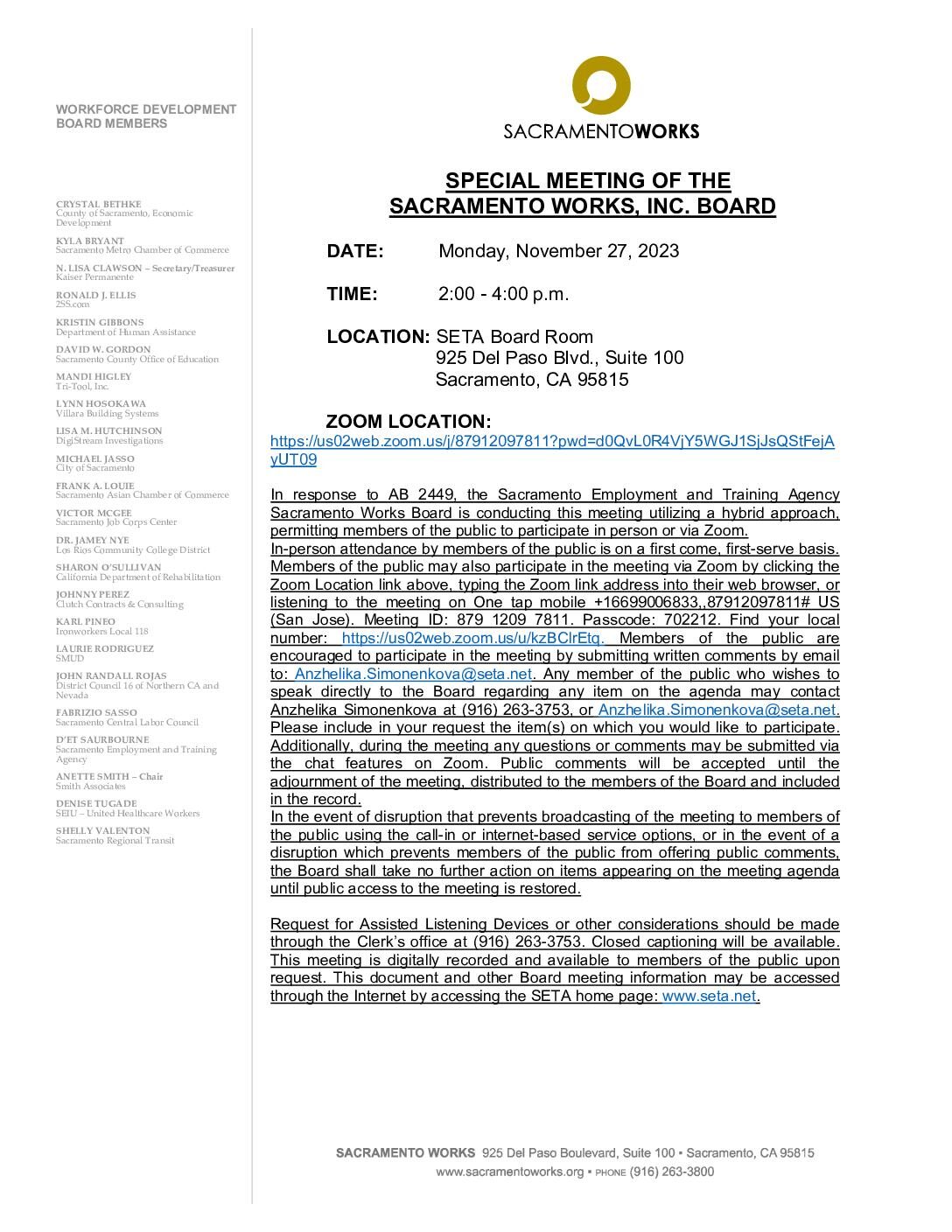 Special Meeting of the Sacramento Works Board 11/27/2023