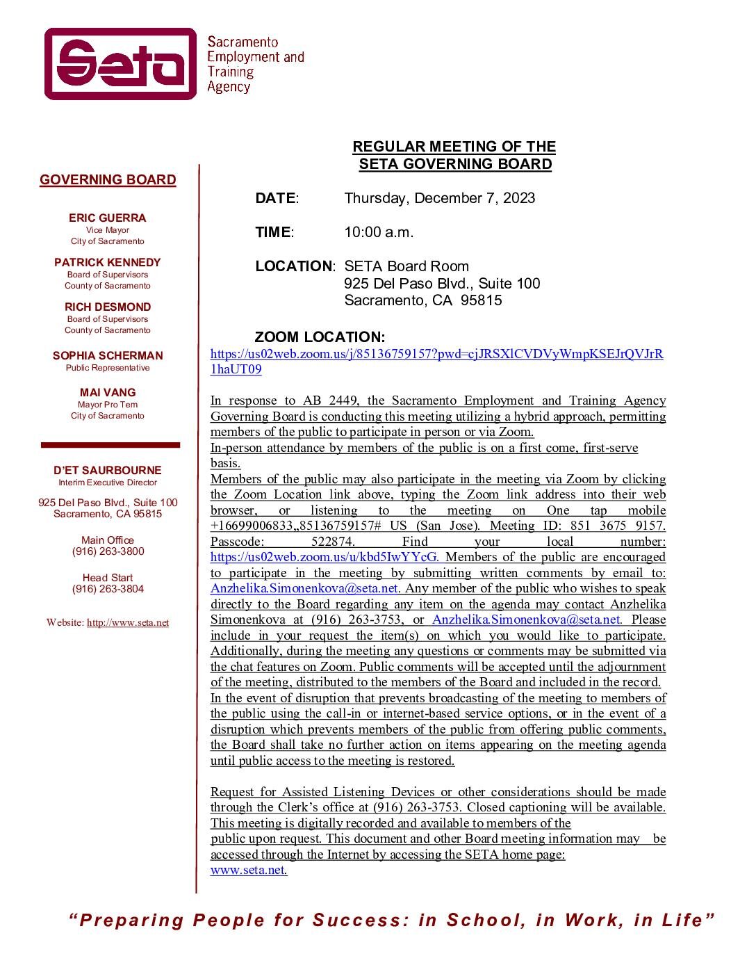 Regular Meeting of the SETA Governing Board 12/07/2023