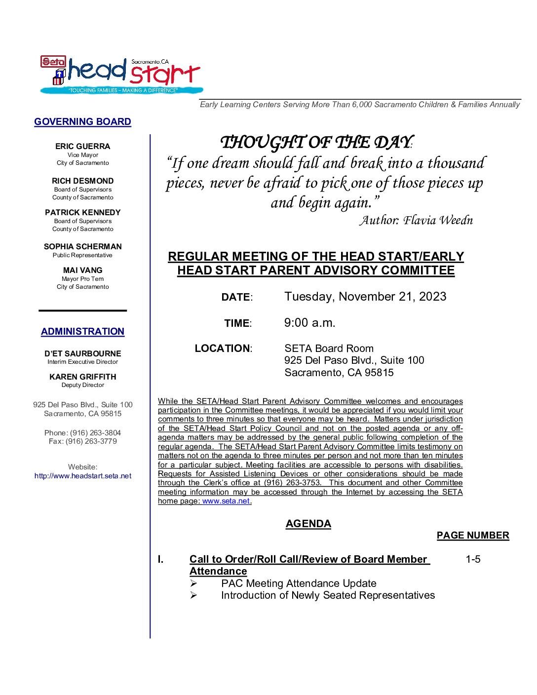 Head Start/Early Head Start Parent Advisory Committee 11/21/2023