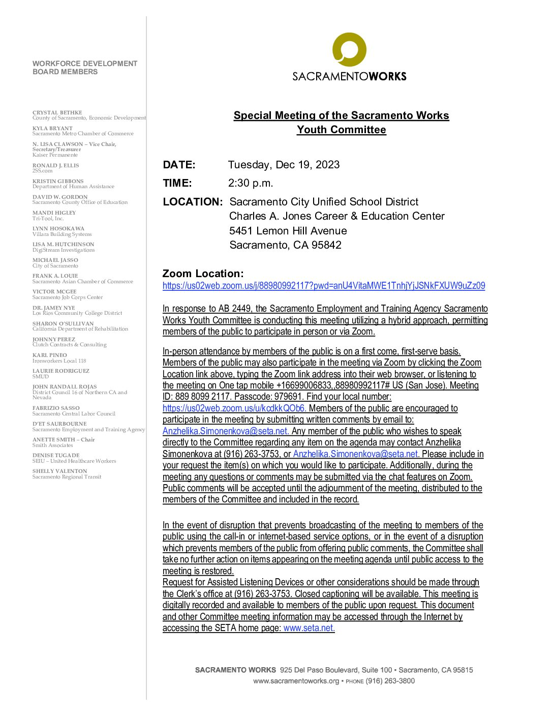 Special Meeting of the Sacramento Works Youth Committee 12/19/2023