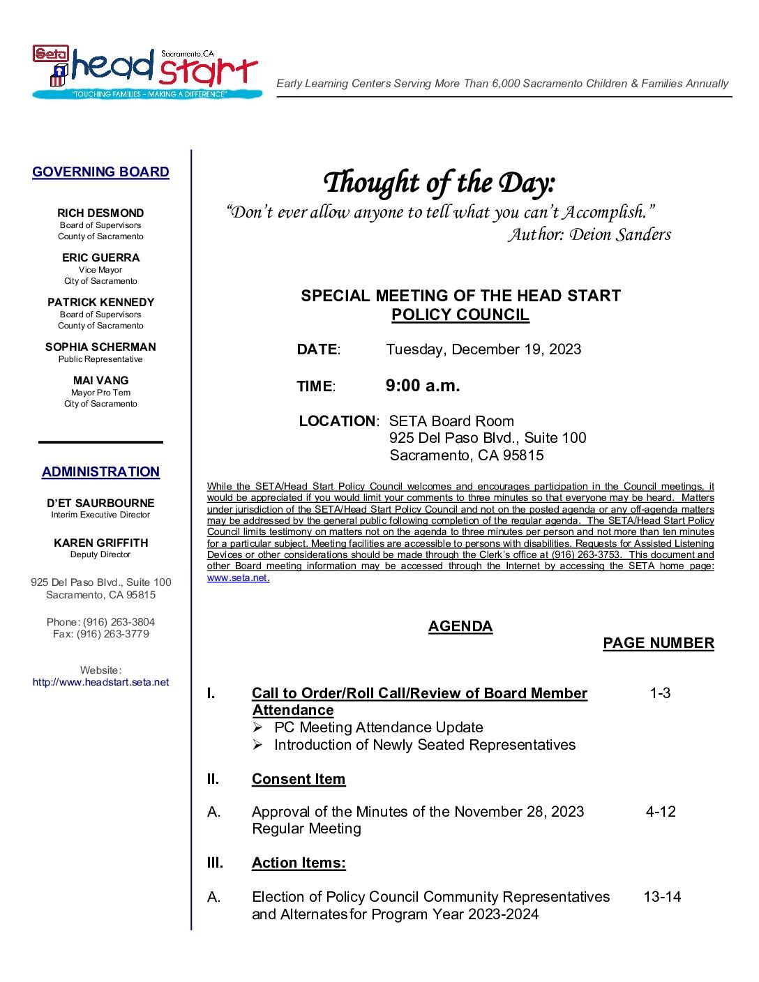 Special Meeting of the Head Start/Early Head Start Policy Council 12/19/2023