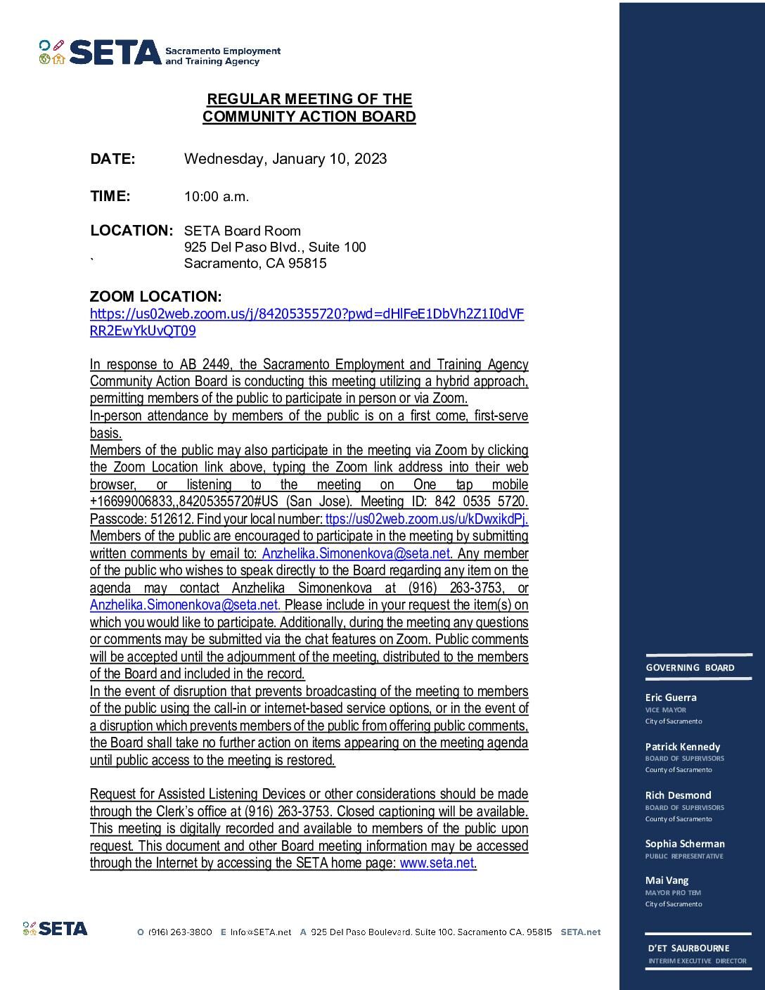 Regular Meeting of the Community Action Board 01/10/2024