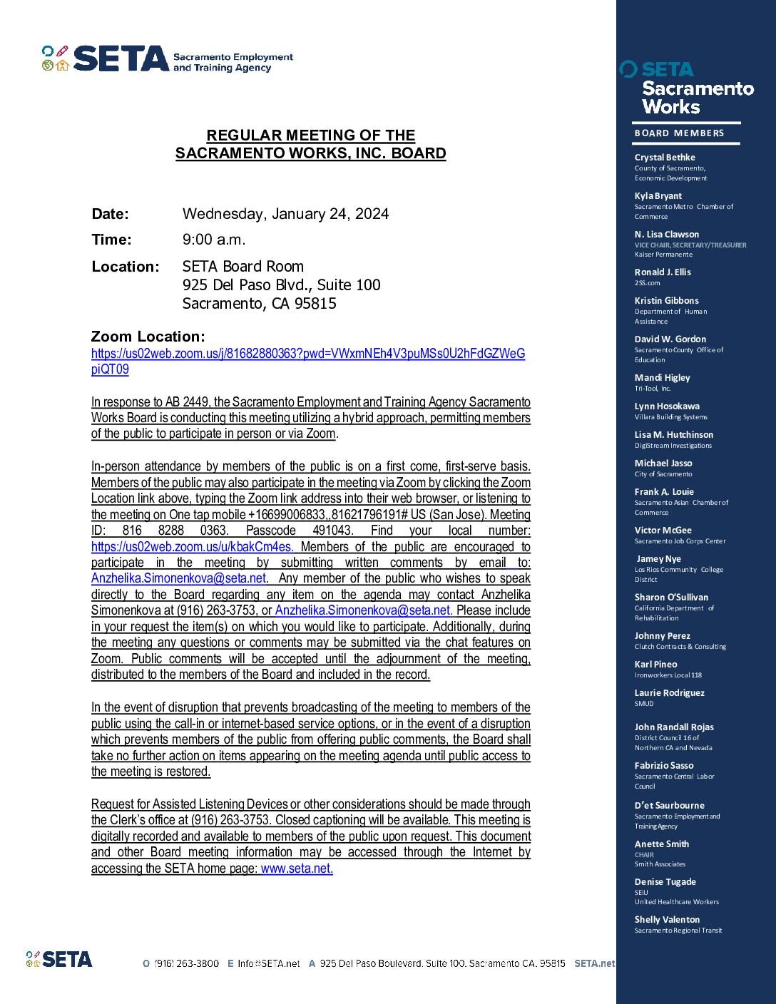 Sacramento Works Board 01/24/2024