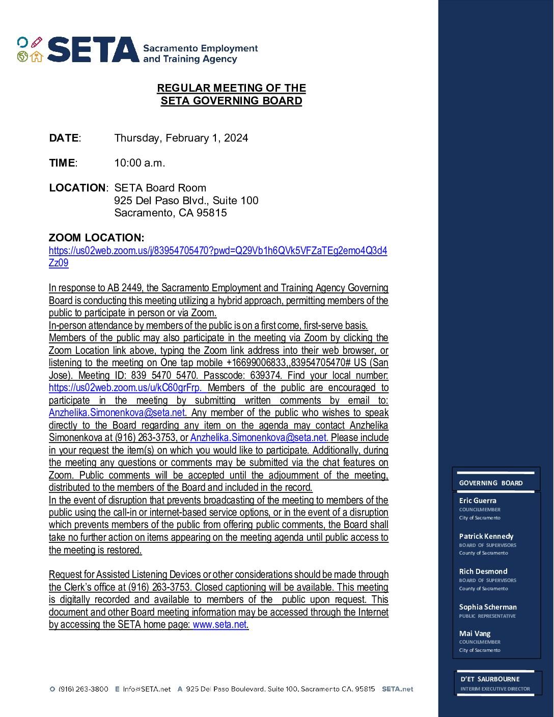 Regular Meeting of the SETA Governing Board 02/01/2024