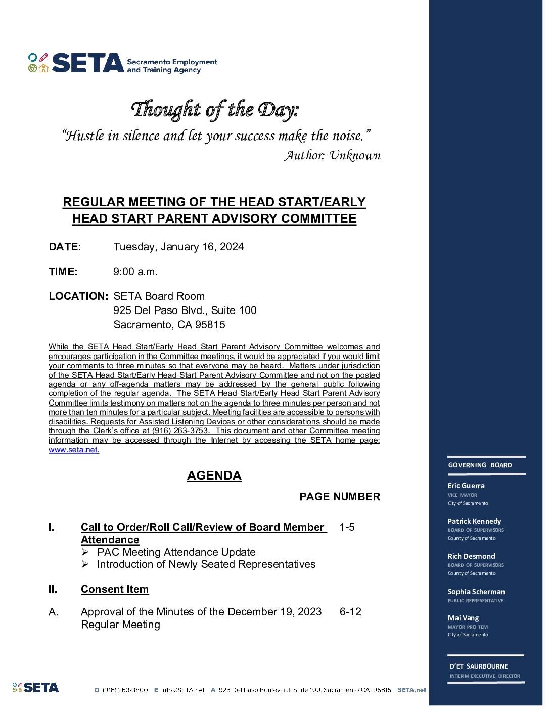 Head Start/Early Head Start Parent Advisory Committee 01/16/2024