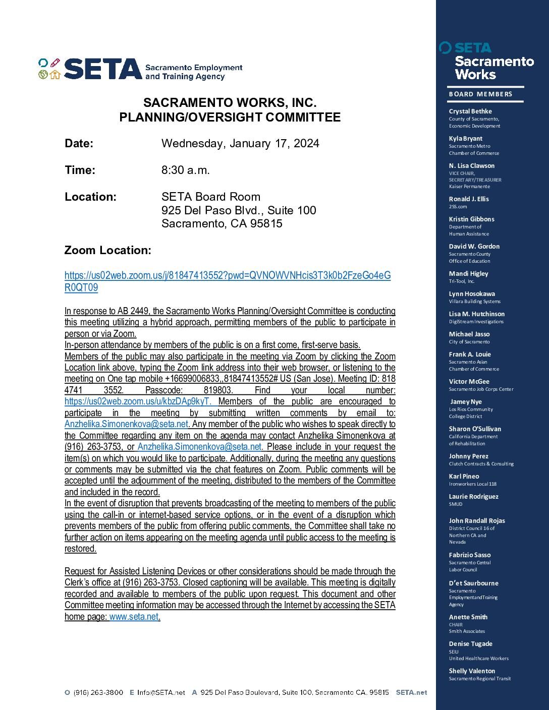 Sacramento Works Planning/Oversight Committee 01/17/2024