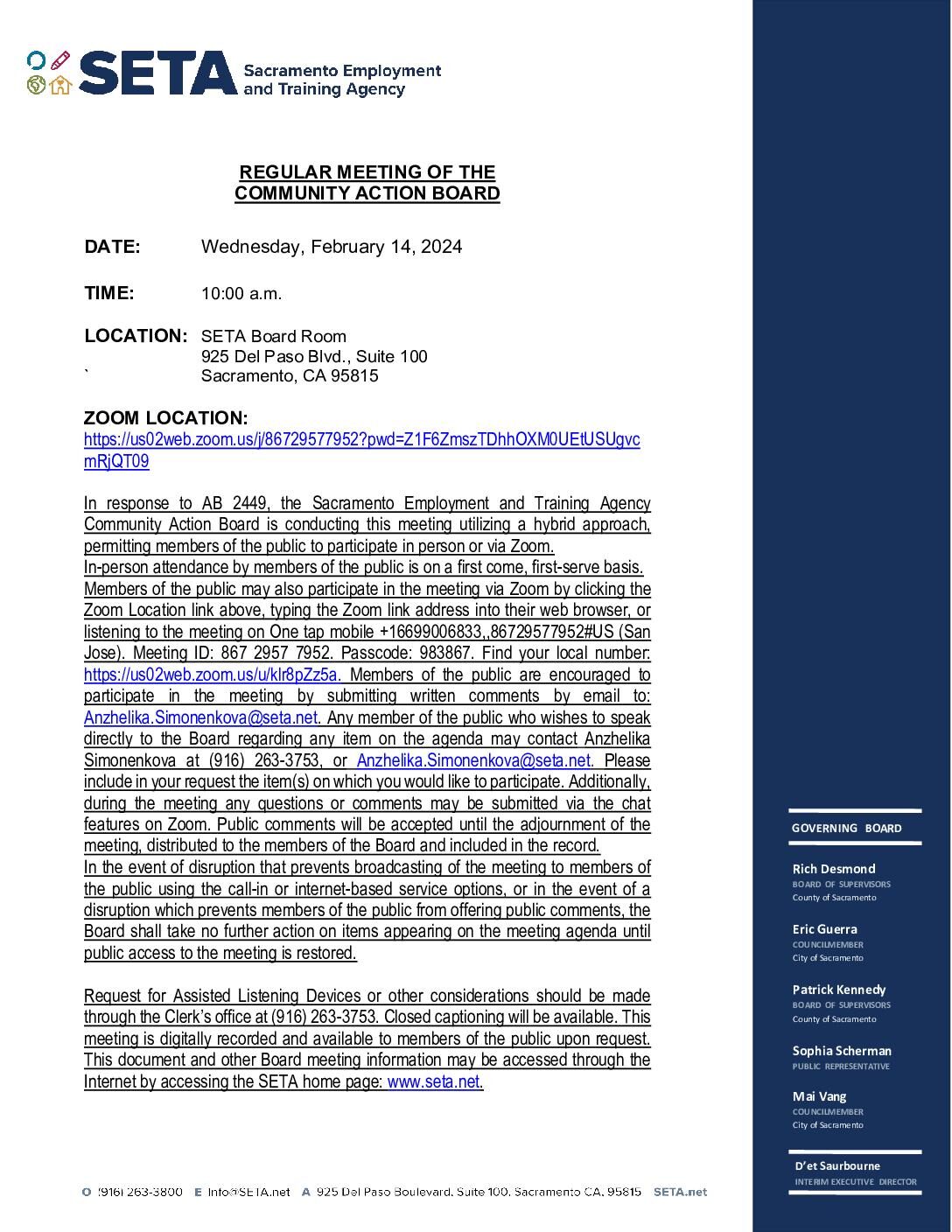 Regular Meeting of the Community Action Board 02/14/2024