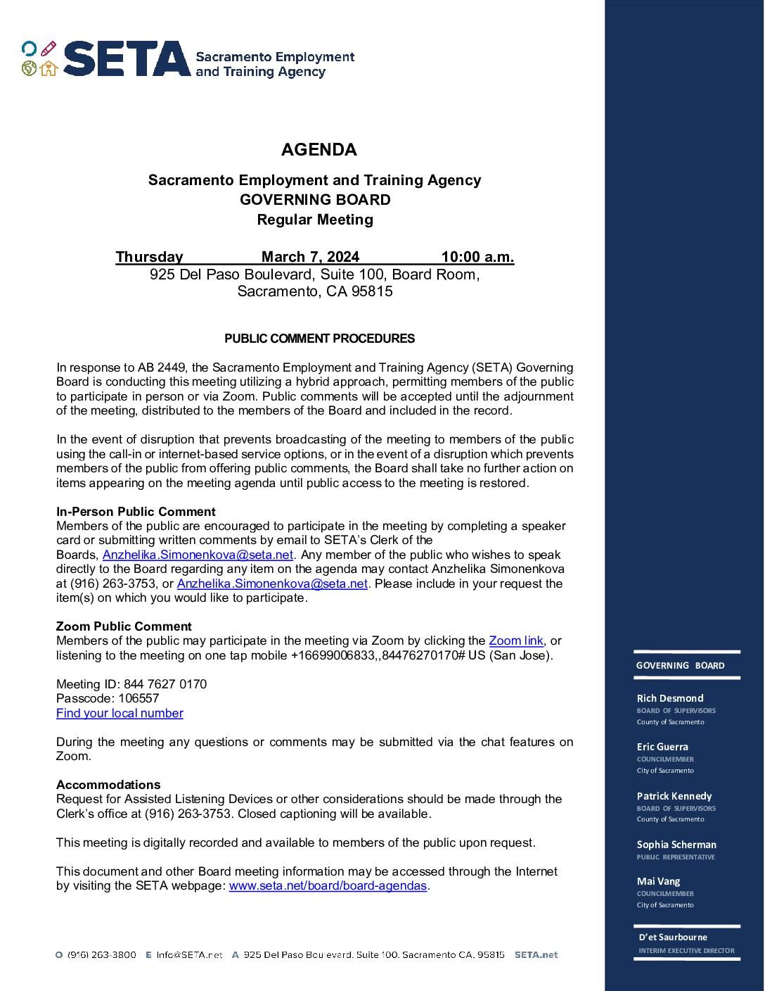 Regular meeting of the SETA Governing Board 03/07/2024