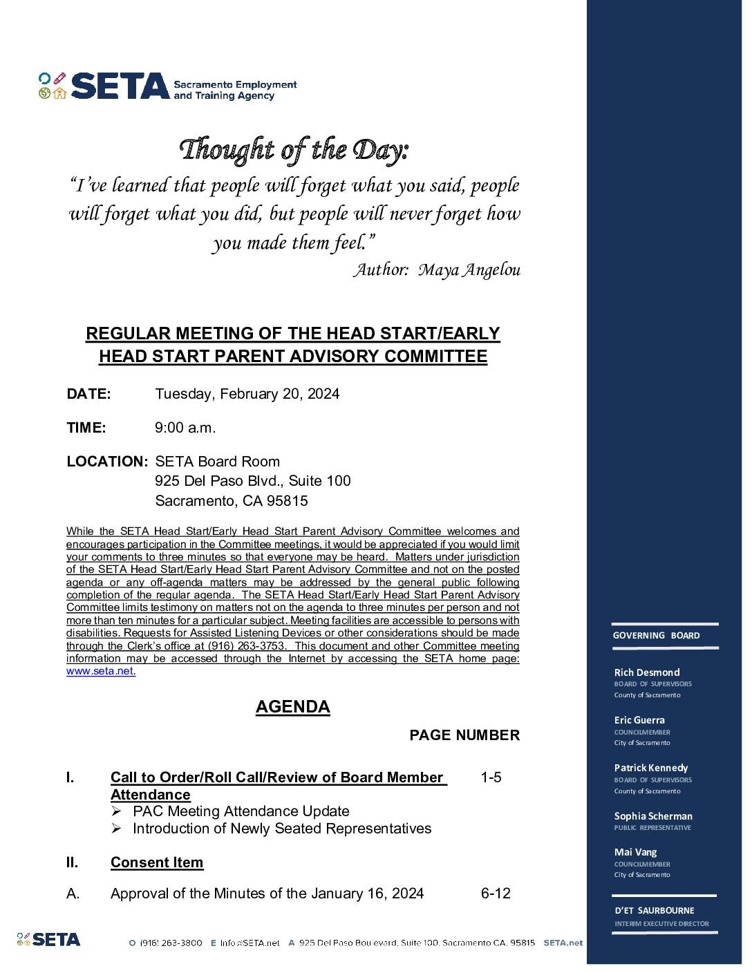 Head Start/Early Head Start Parent Advisory Committee 02/20/2024