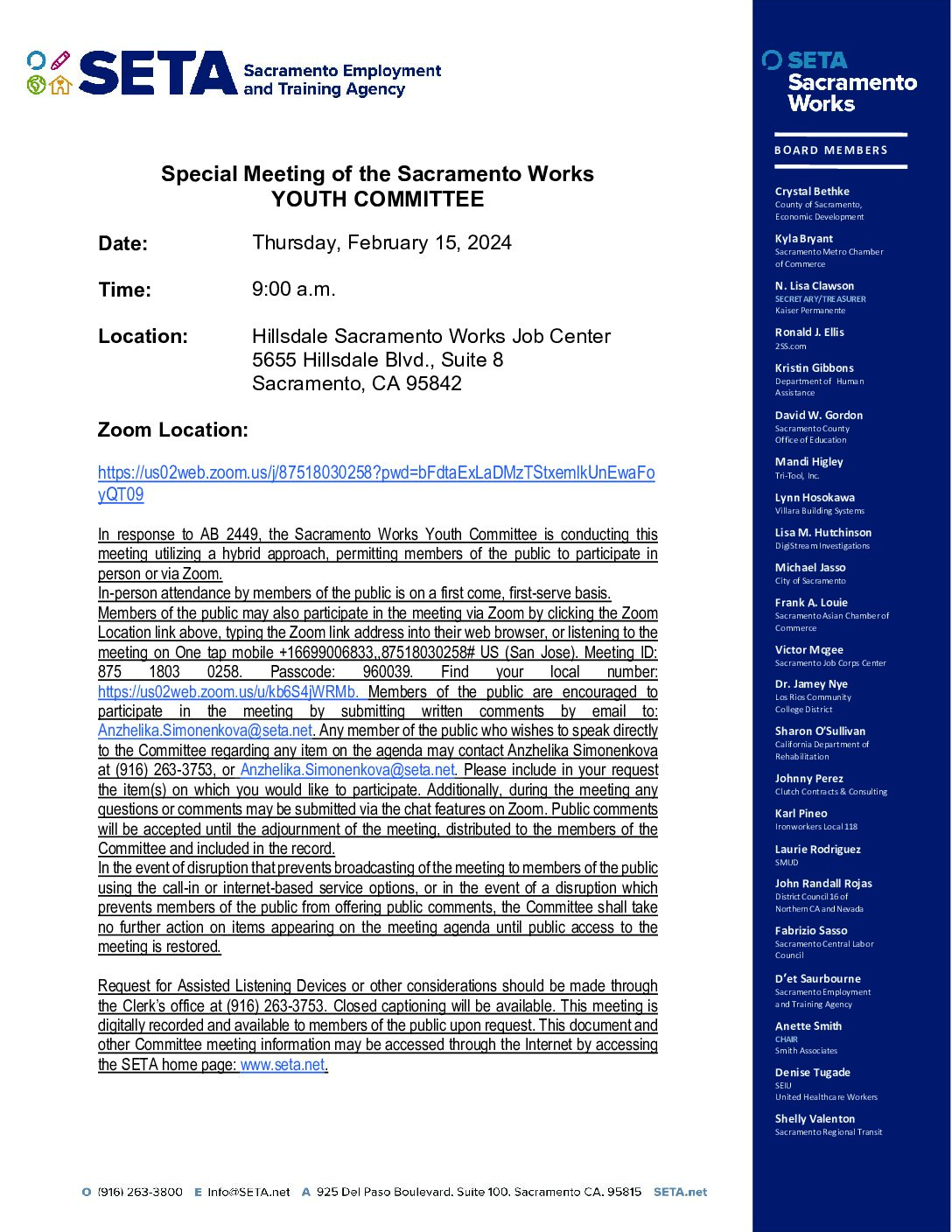 Special Meeting of the Sacramento Works Youth Committee 02/15/2024