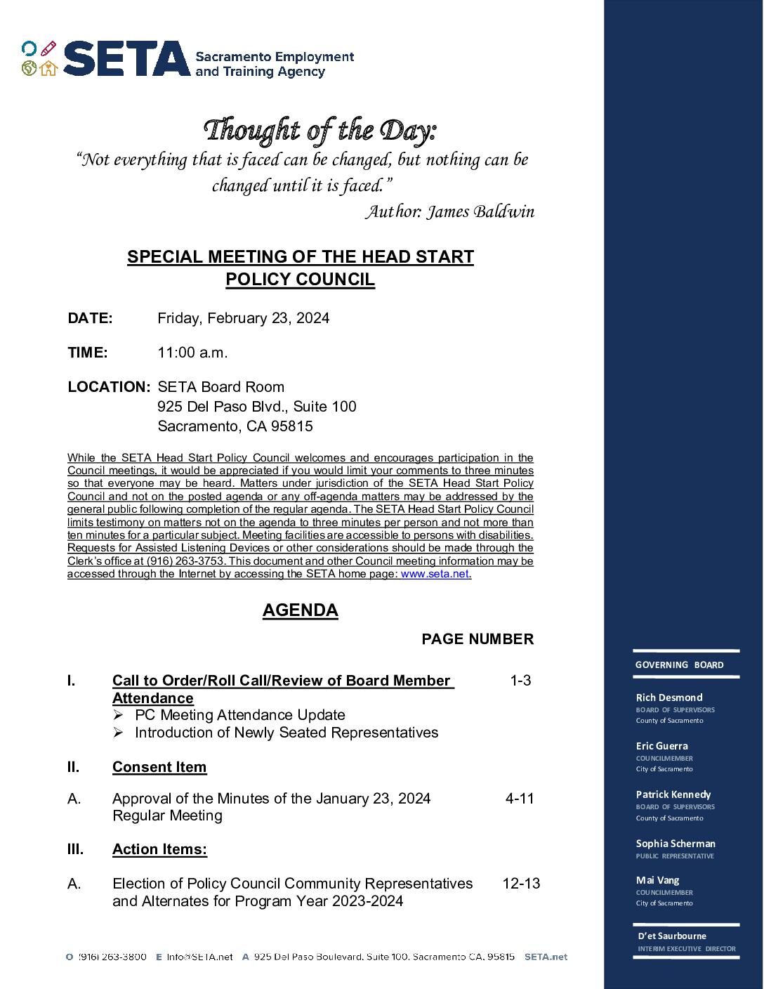 Special Meeting of the Head Start/Early Head Start Policy Council 02/23/2024