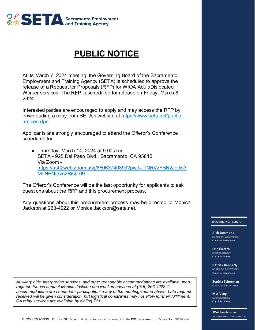 Public Notice Release of WIOA Adult and Dislocated Worker  (RFP) 2024