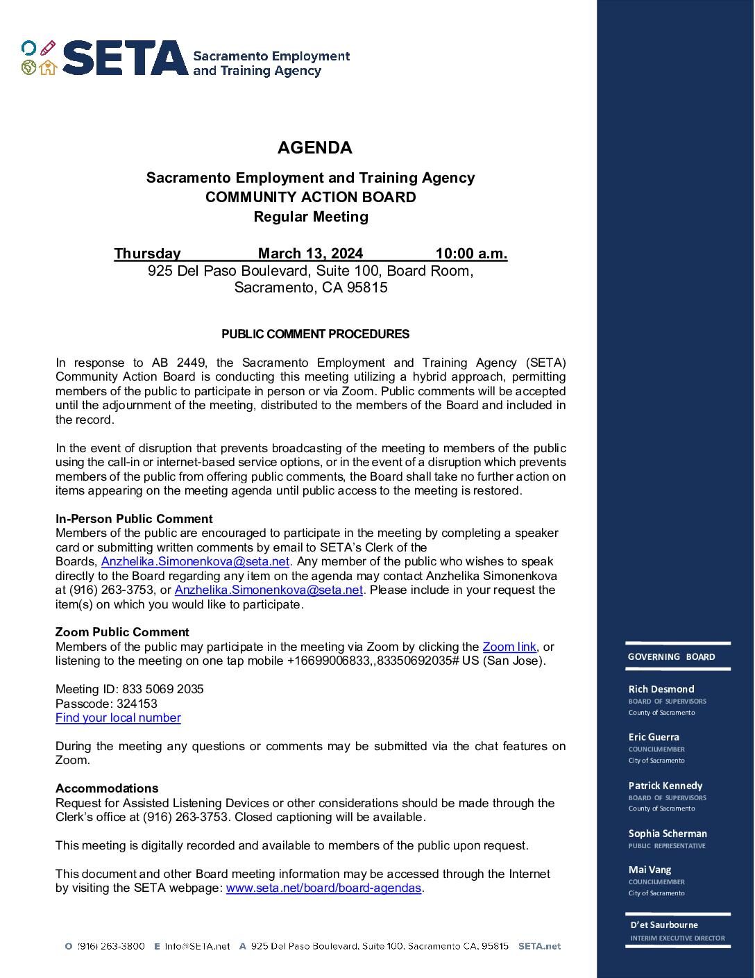 Regular Meeting of the Community Action Board 03/13/2024