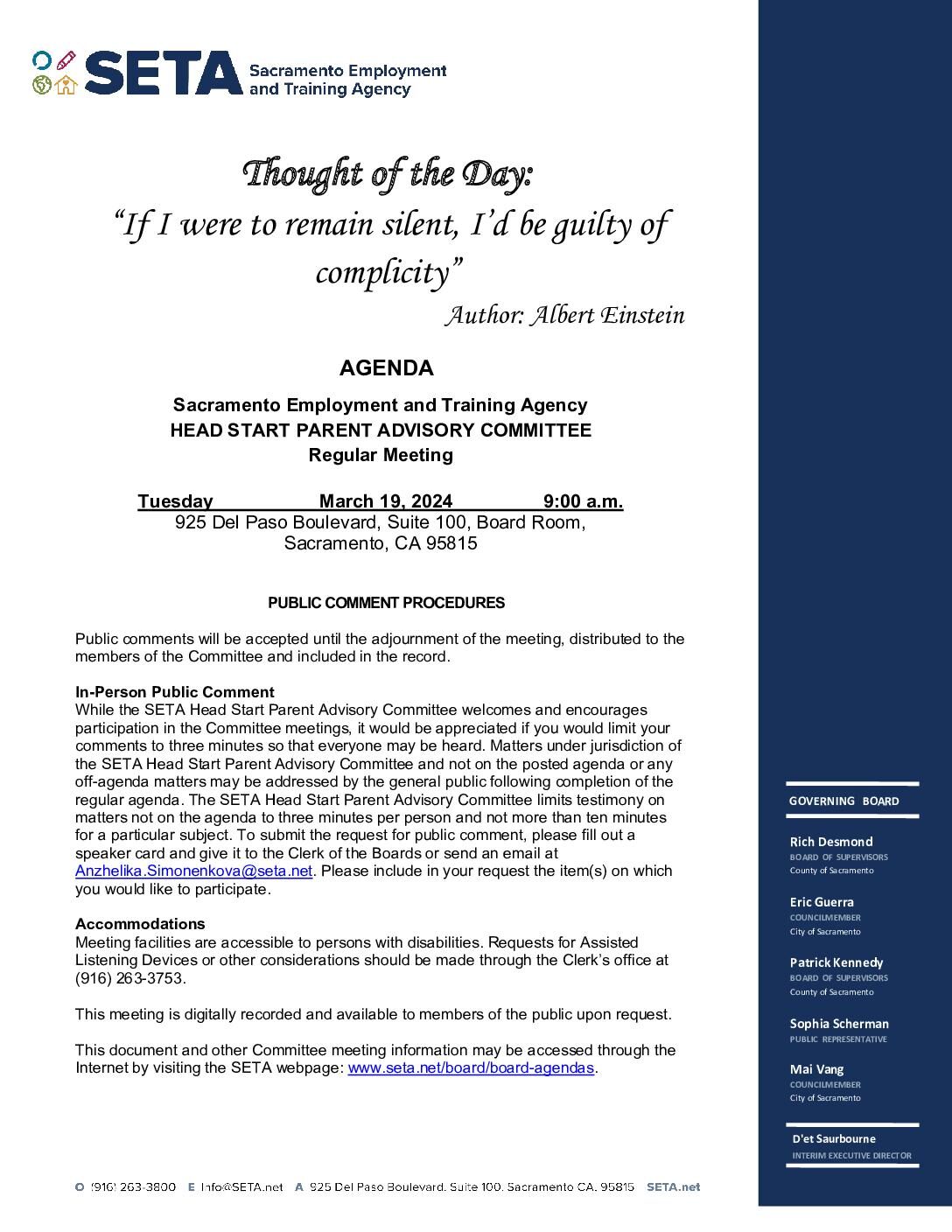 Head Start/Early Head Start Parent Advisory Committee 03/19/2024