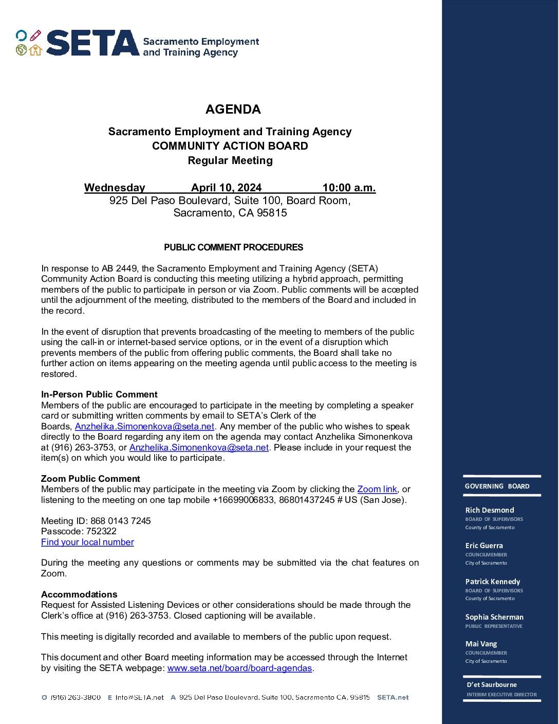 Regular Meeting of the Community Action Board 04/10/2024