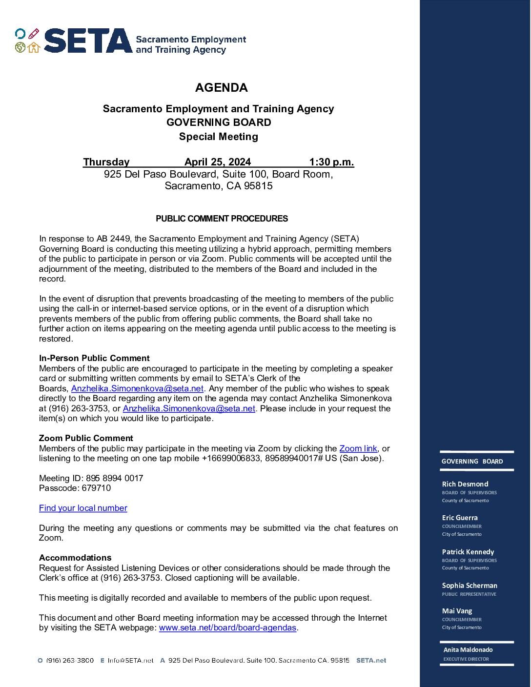 Special Meeting of the SETA Governing Board 04/25/2024