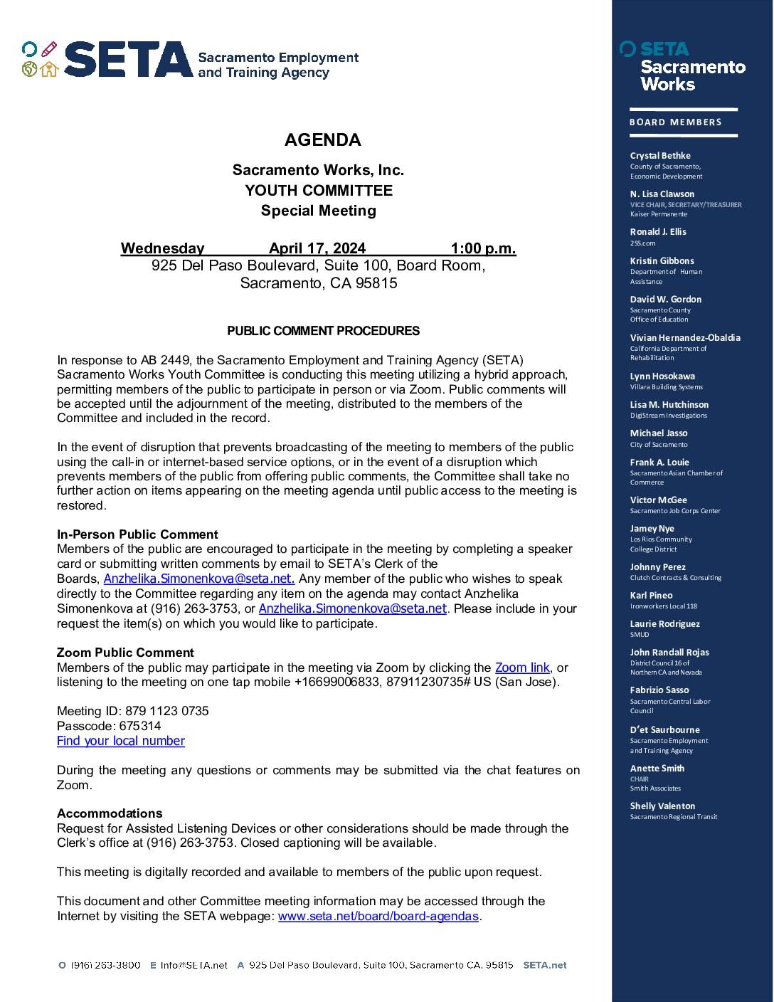 Special Meeting of the Sacramento Works Youth Committee 04/17/2024