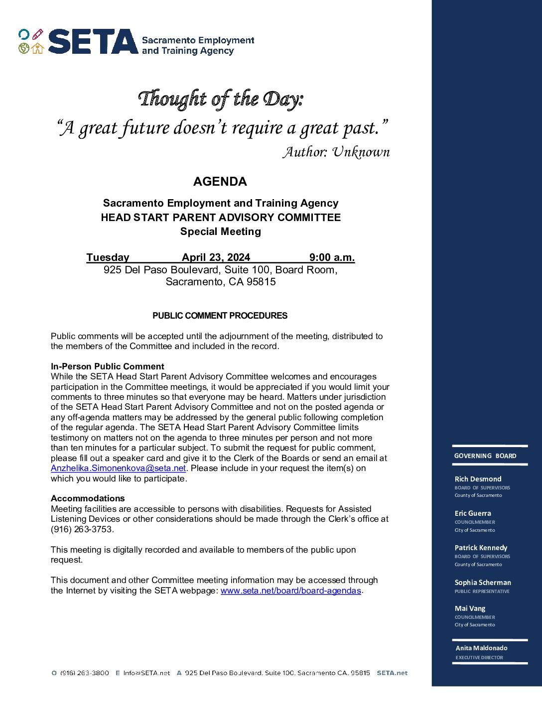 Special Meeting of the Head Start Parent Advisory Committee 04/23/2024