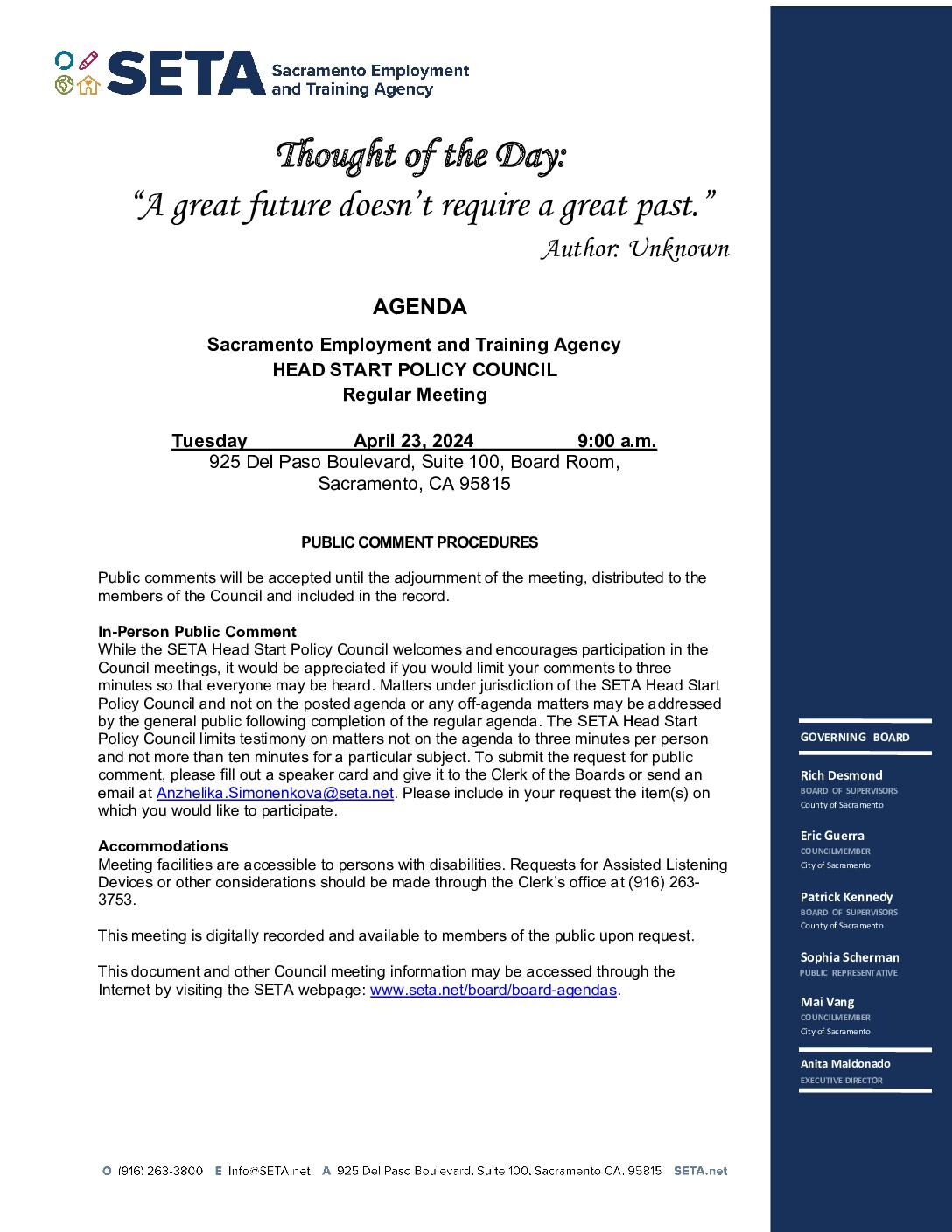 Head Start/Early Head Start Policy Council 04/23/2024