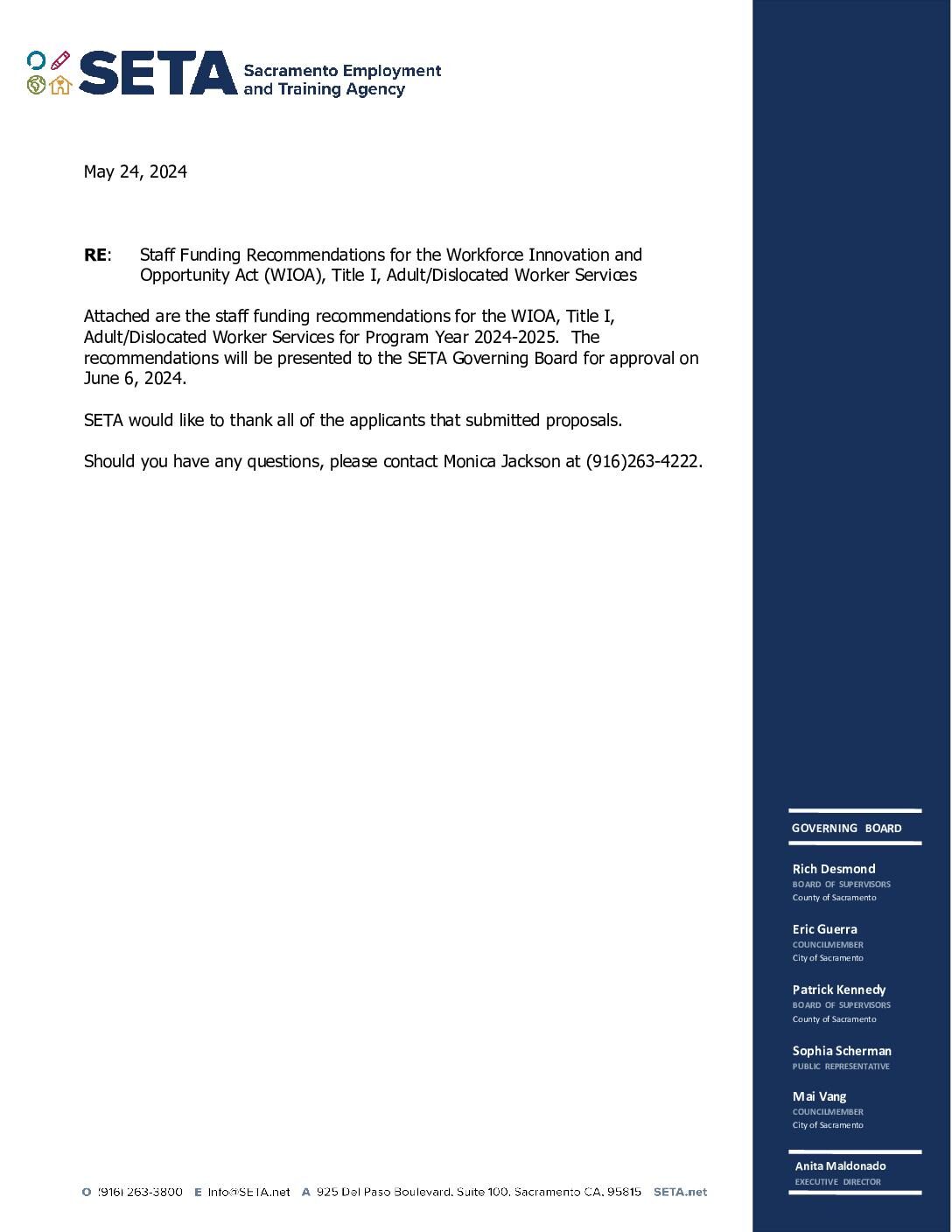 Staff Funding Recommendations for the Workforce Innovation and Opportunity Act (WIOA), Title I, Adult/Dislocated Worker Services