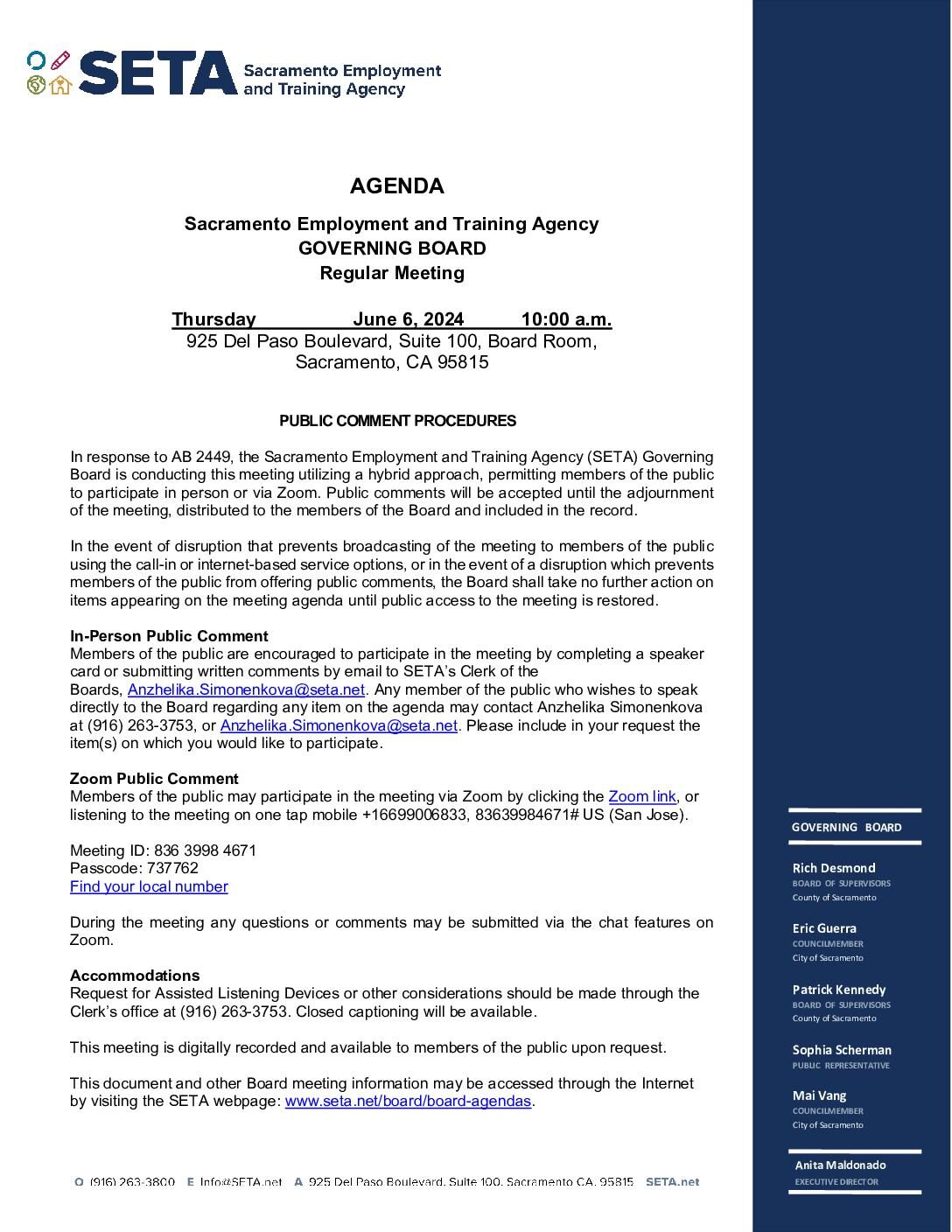 Regular meeting of the SETA Governing Board 06/06/2024