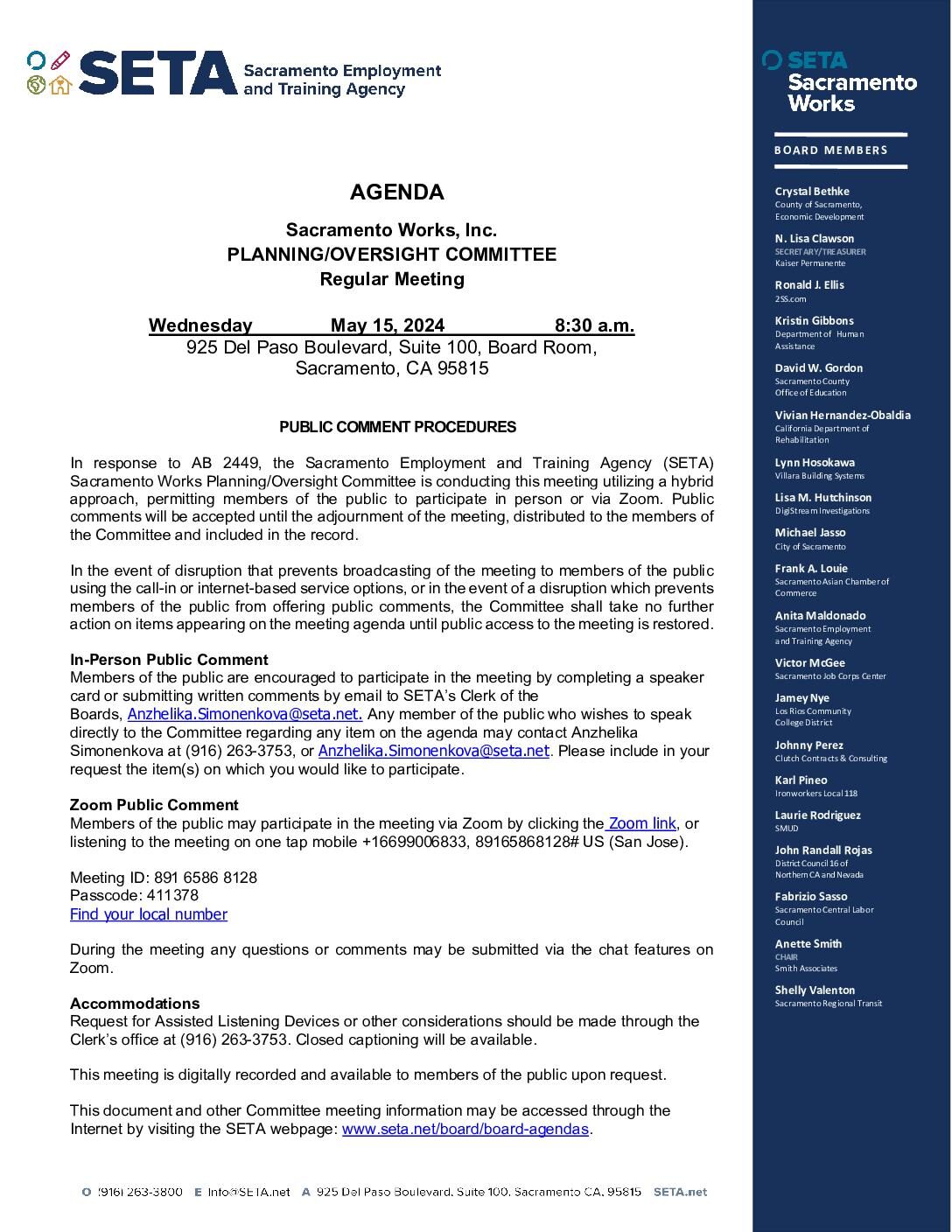 Sacramento Works Planning/Oversight Committee 05/15/2024