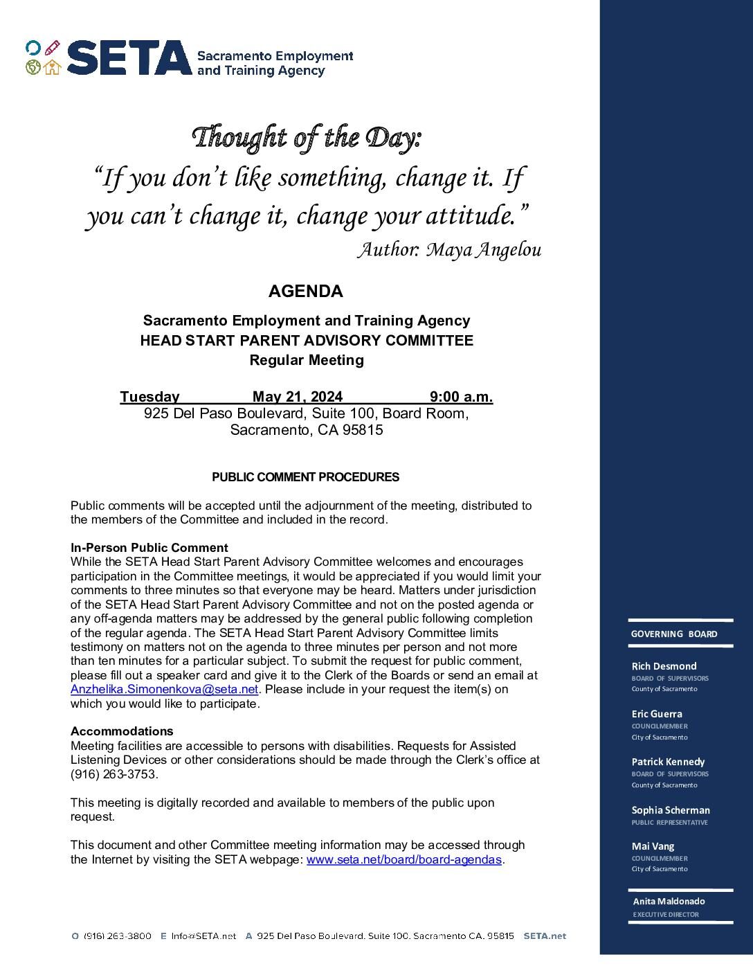 Head Start/Early Head Start Parent Advisory Committee 05/21/2024