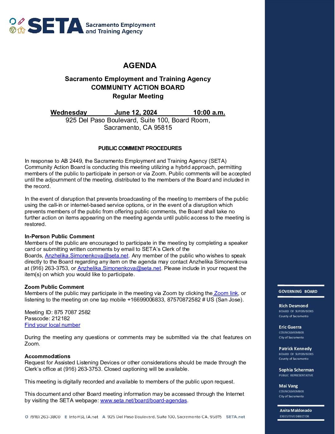 Regular Meeting of the Community Action Board 06/12/2024