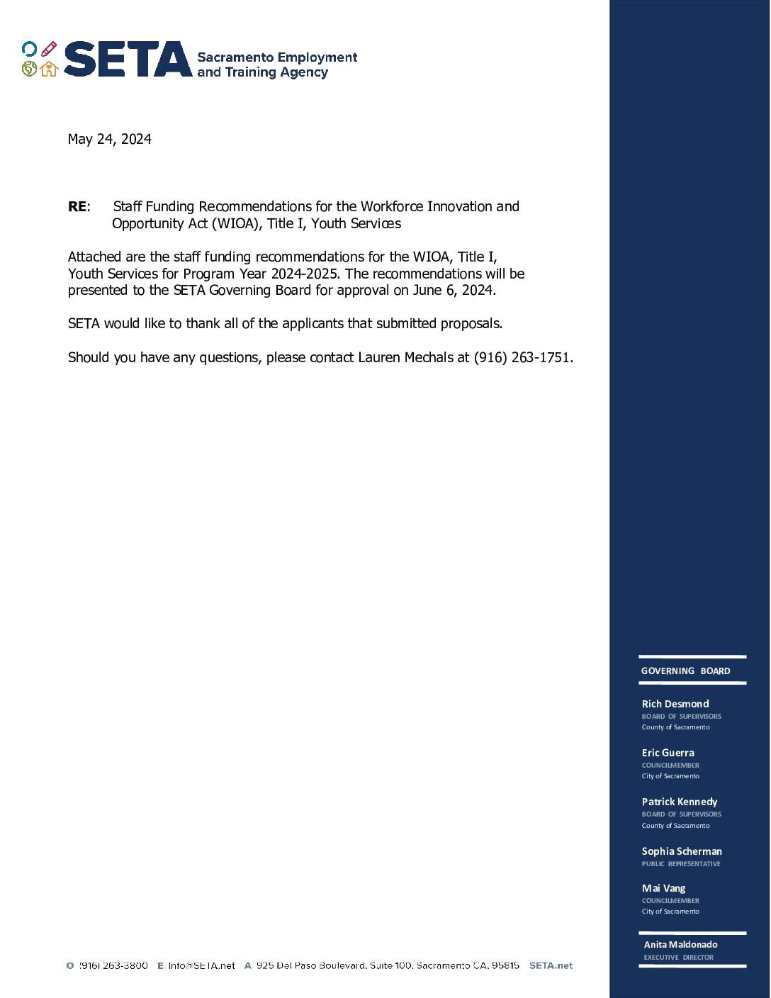 Staff Funding Recommendations for the Workforce Innovation and Opportunity Act (WIOA), Title I, Youth Services