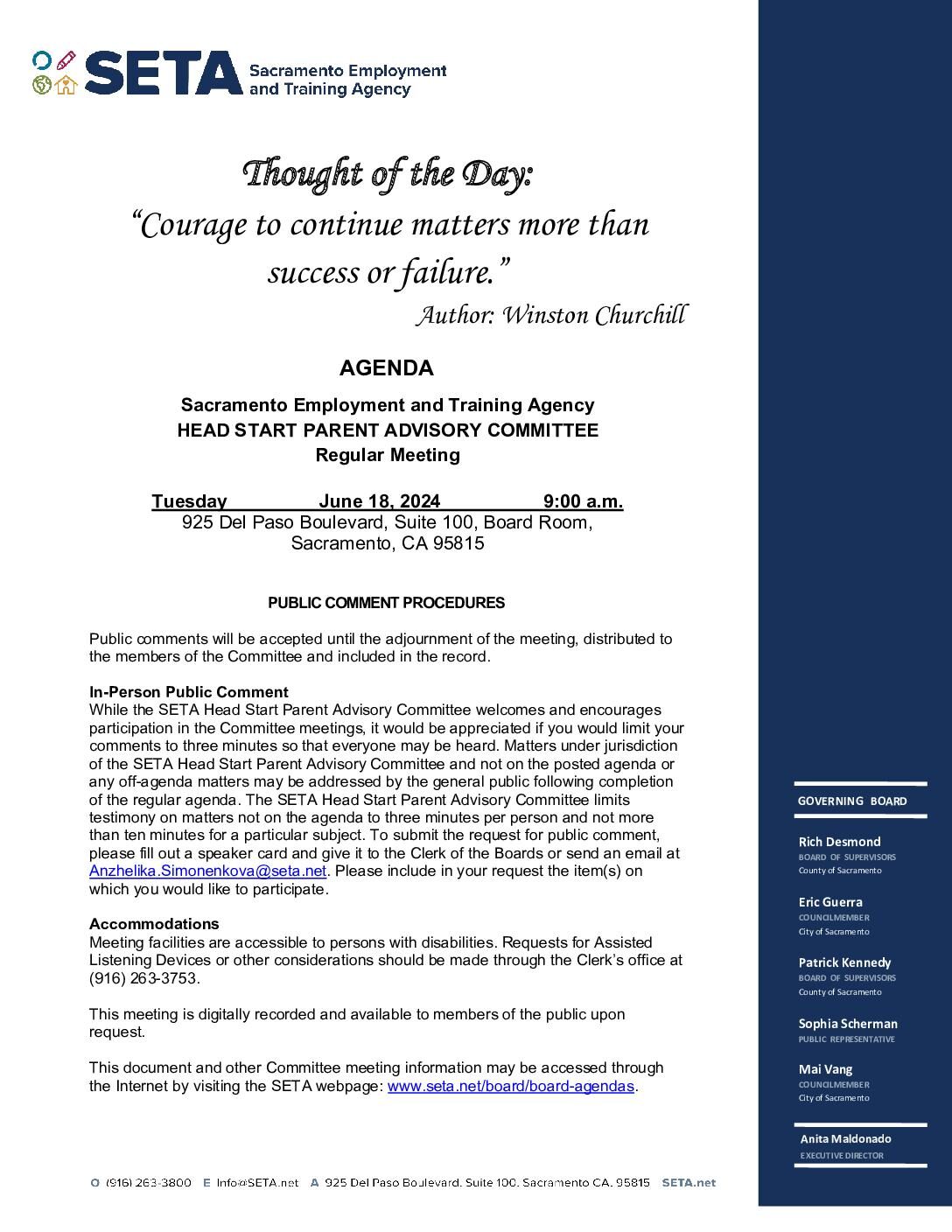 Head Start/Early Head Start Parent Advisory Committee 06/18/2024