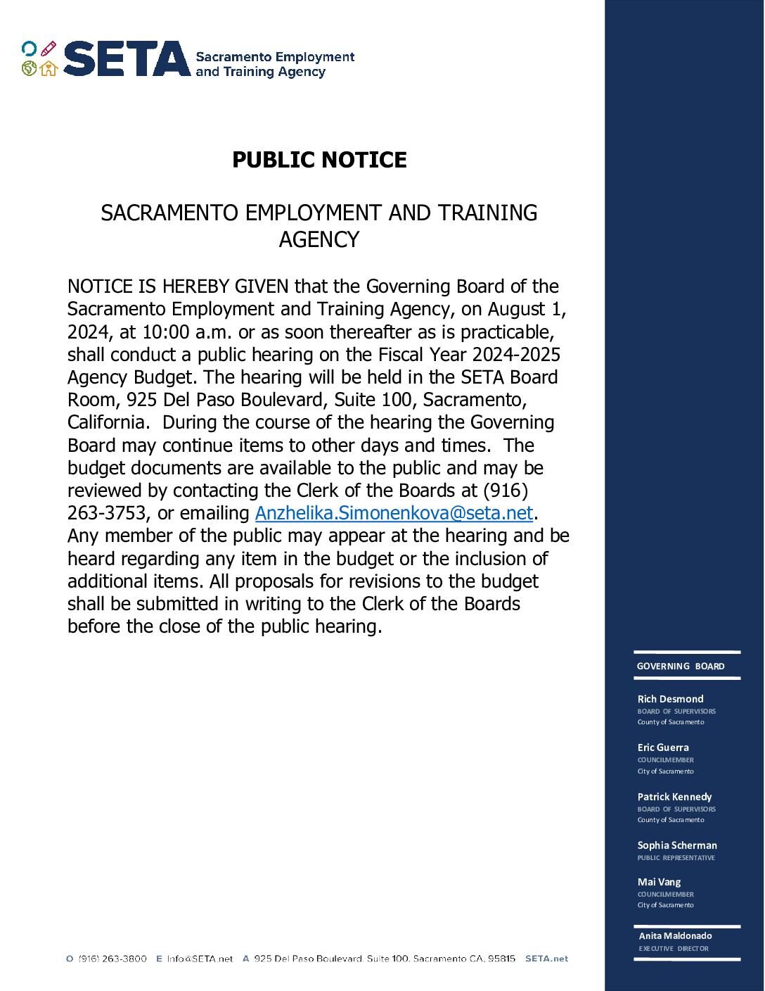 Public Notice: SETA Budget Hearing FY2024/2025