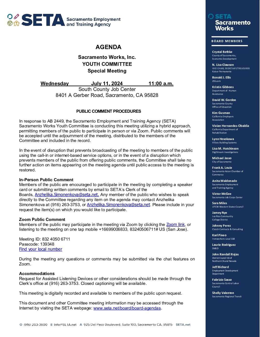 Special Meeting of the Sacramento Works Youth Committee 07/11/2024