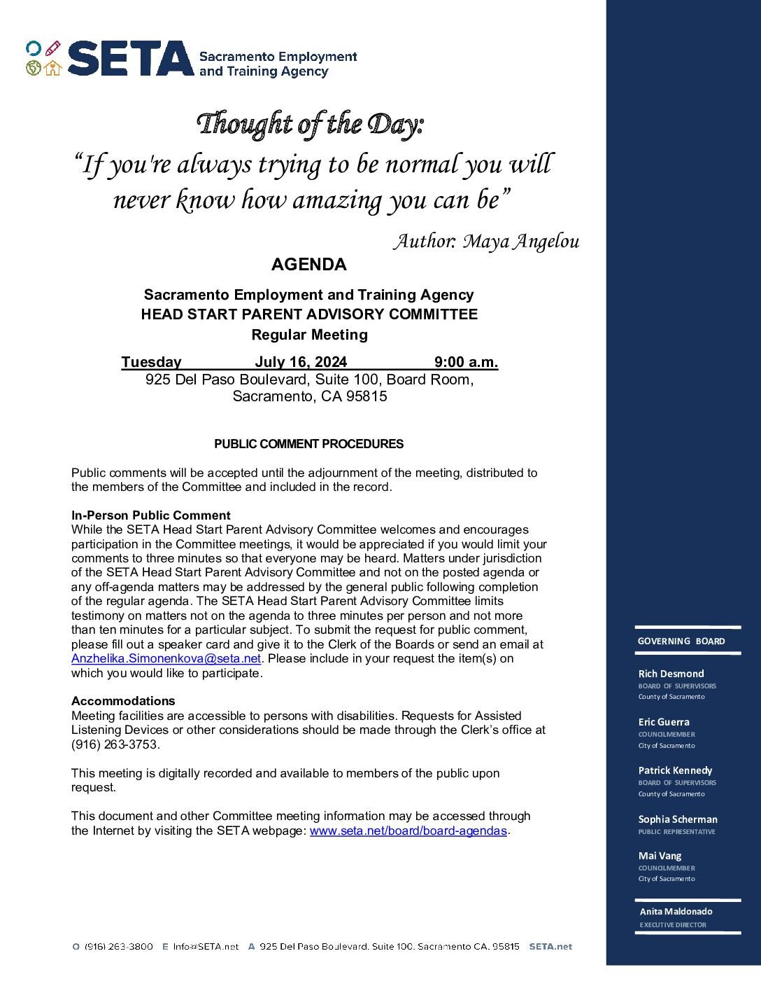 Head Start/Early Head Start Parent Advisory Committee 07/16/2024