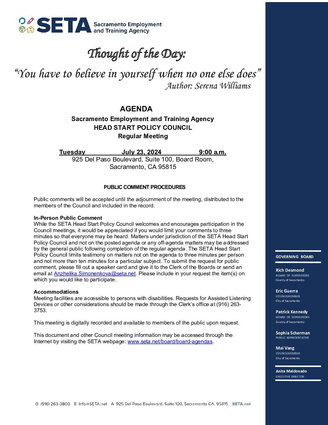 Head Start/Early Head Start Policy Council 07/23/2024