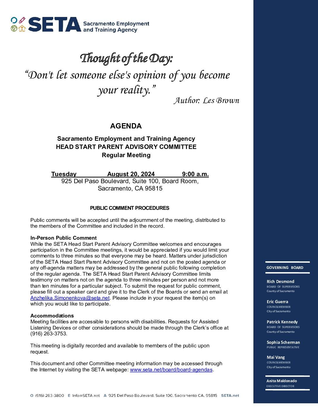 Head Start/Early Head Start Parent Advisory Committee 08/20/2024