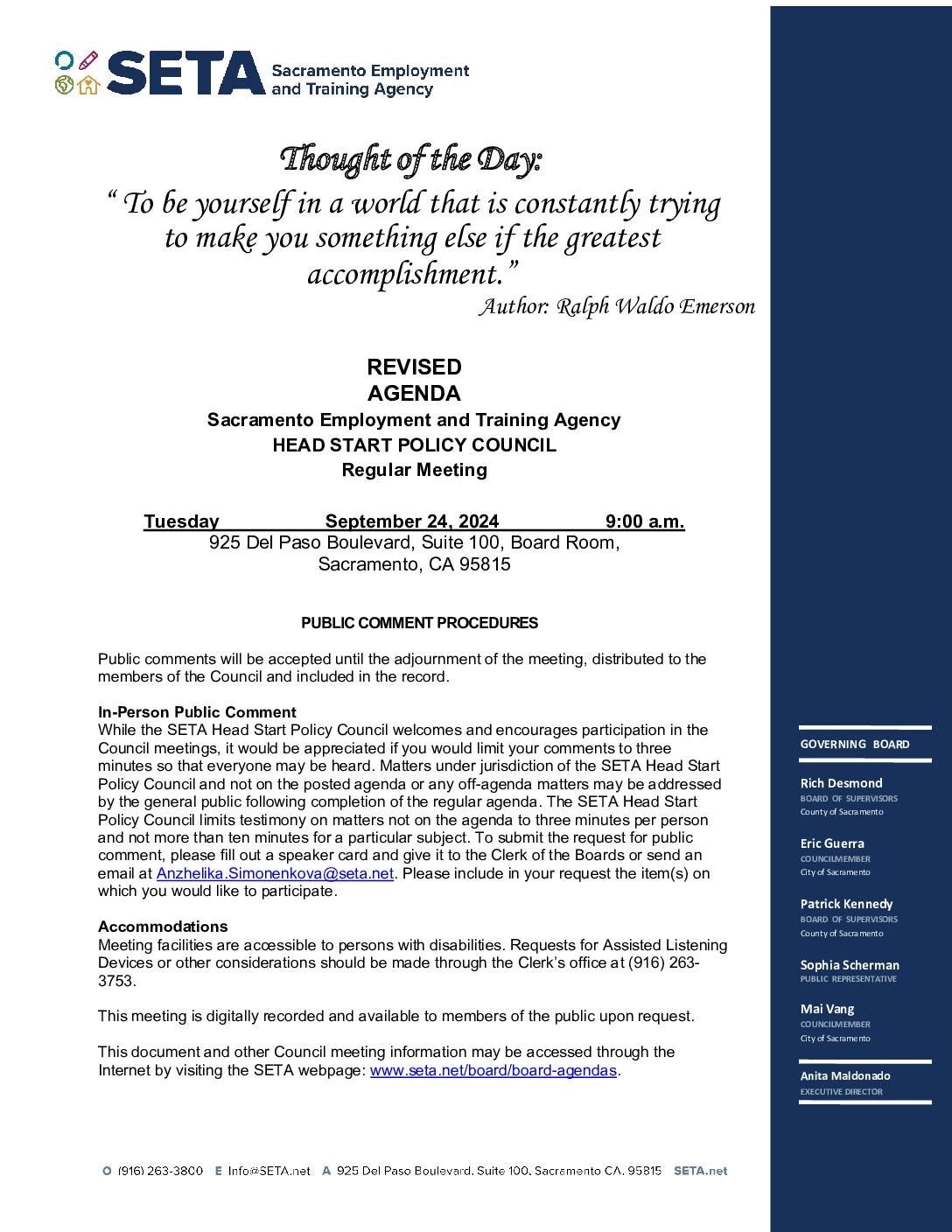 Revised Agenda for Head Start/Early Head Start Policy Council 09/24/2024