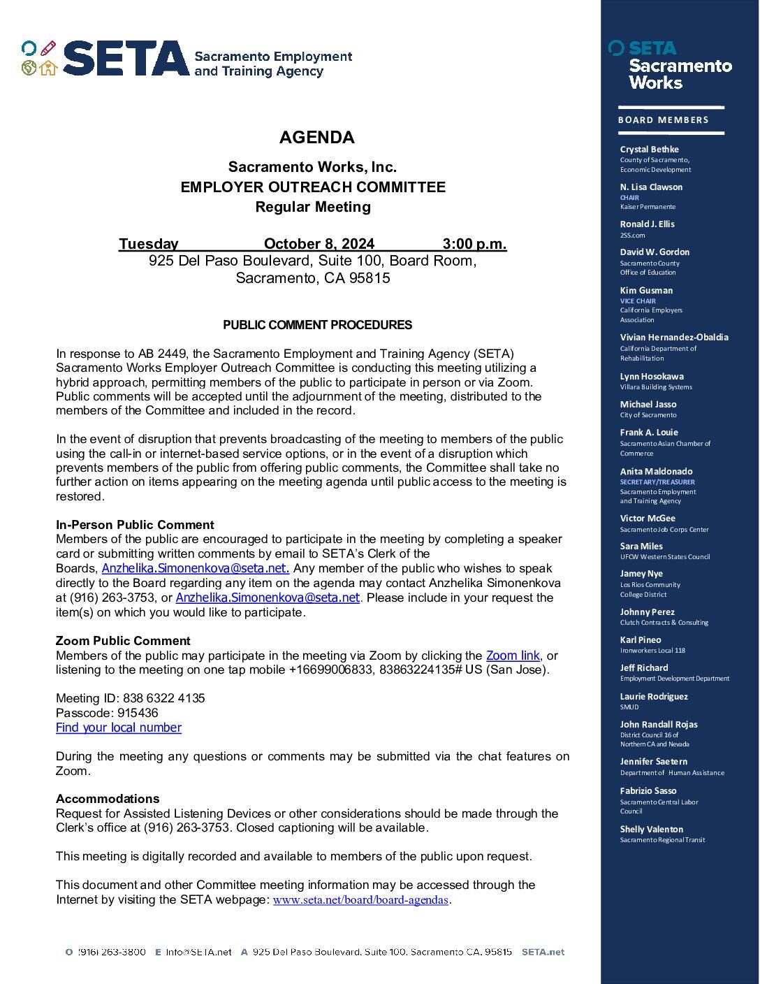 Sacramento Works Employer Outreach Committee 10/08/2024