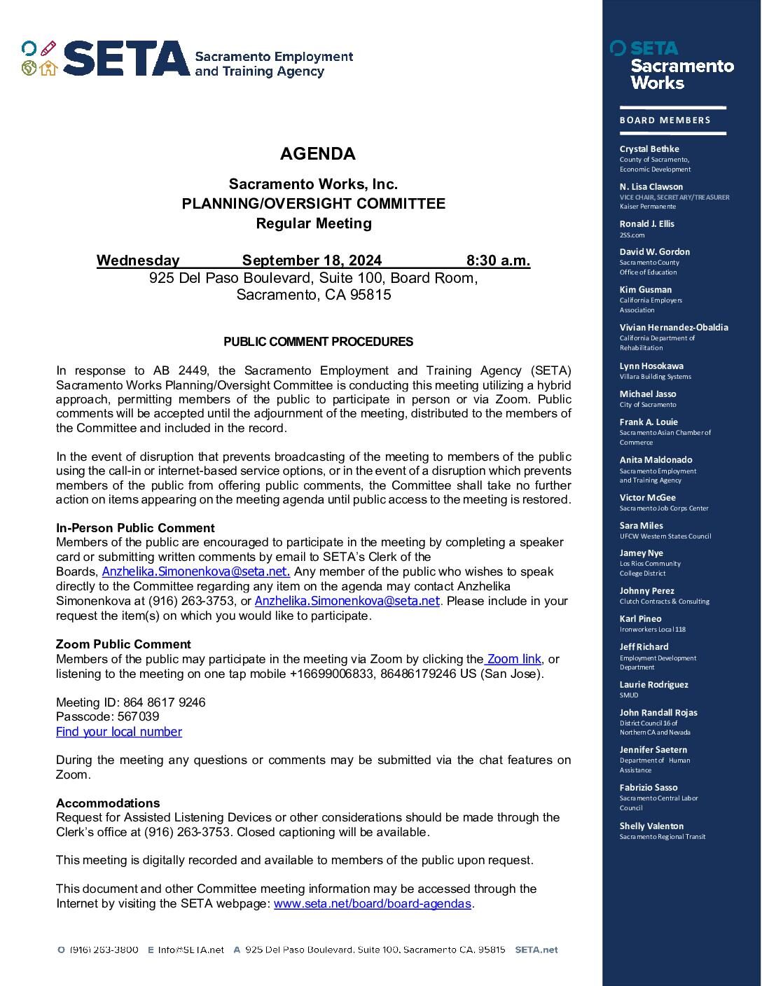 Sacramento Works Planning/Oversight Committee 09/18/2024