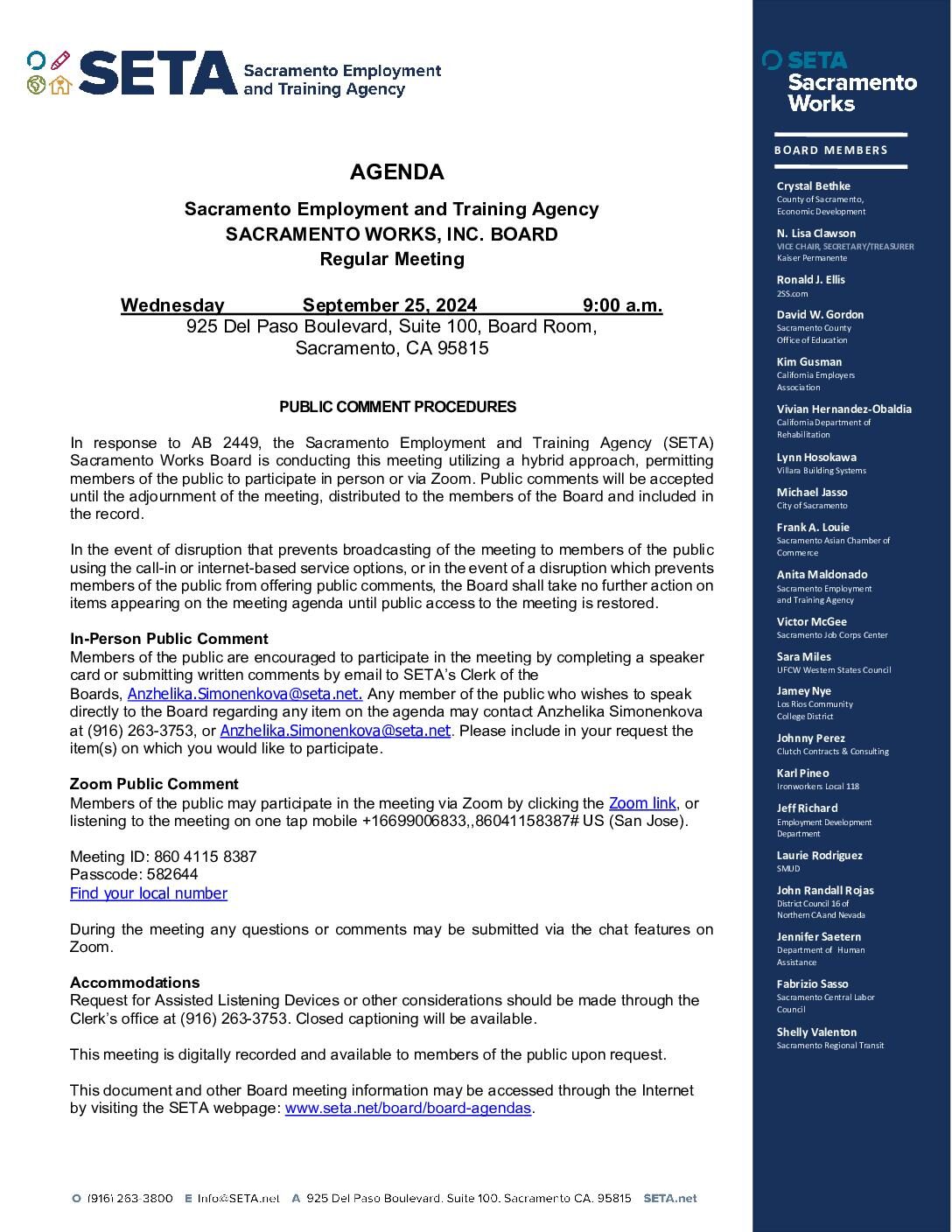 Sacramento Works Board 09/25/2024