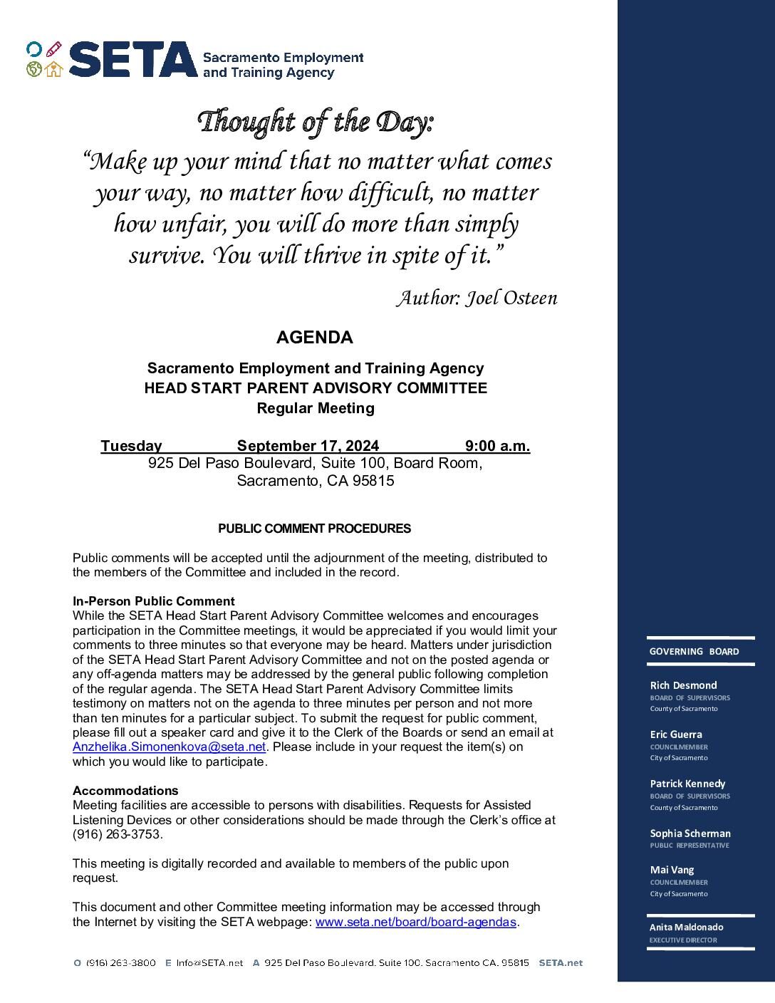 Head Start/Early Head Start Parent Advisory Committee 09/17/2024