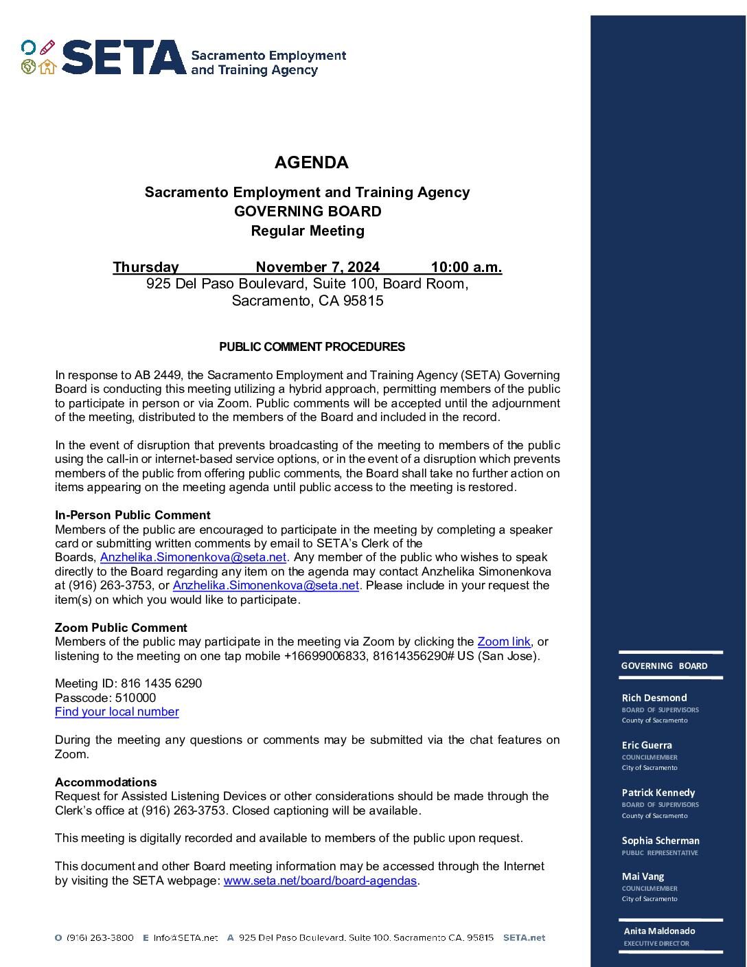 Regular meeting of the SETA Governing Board 11/07/2024