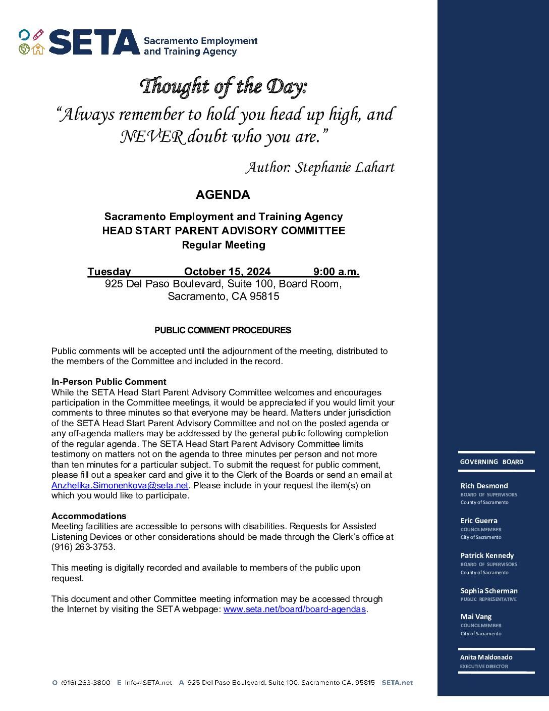 Head Start/Early Head Start Parent Advisory Committee 10/15/2024