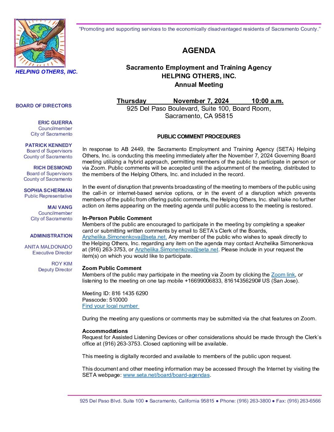 Annual Meeting of Helping Others, Inc.