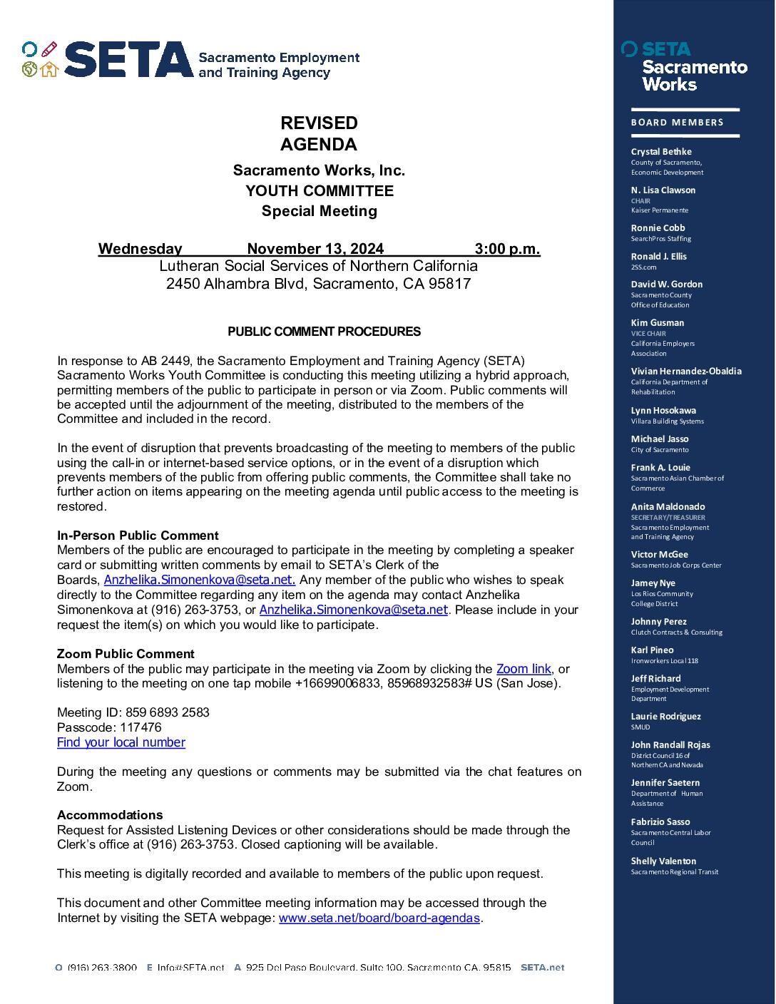 Revised Agenda / Special Meeting of the Sacramento Works Youth Committee 11/13/2024