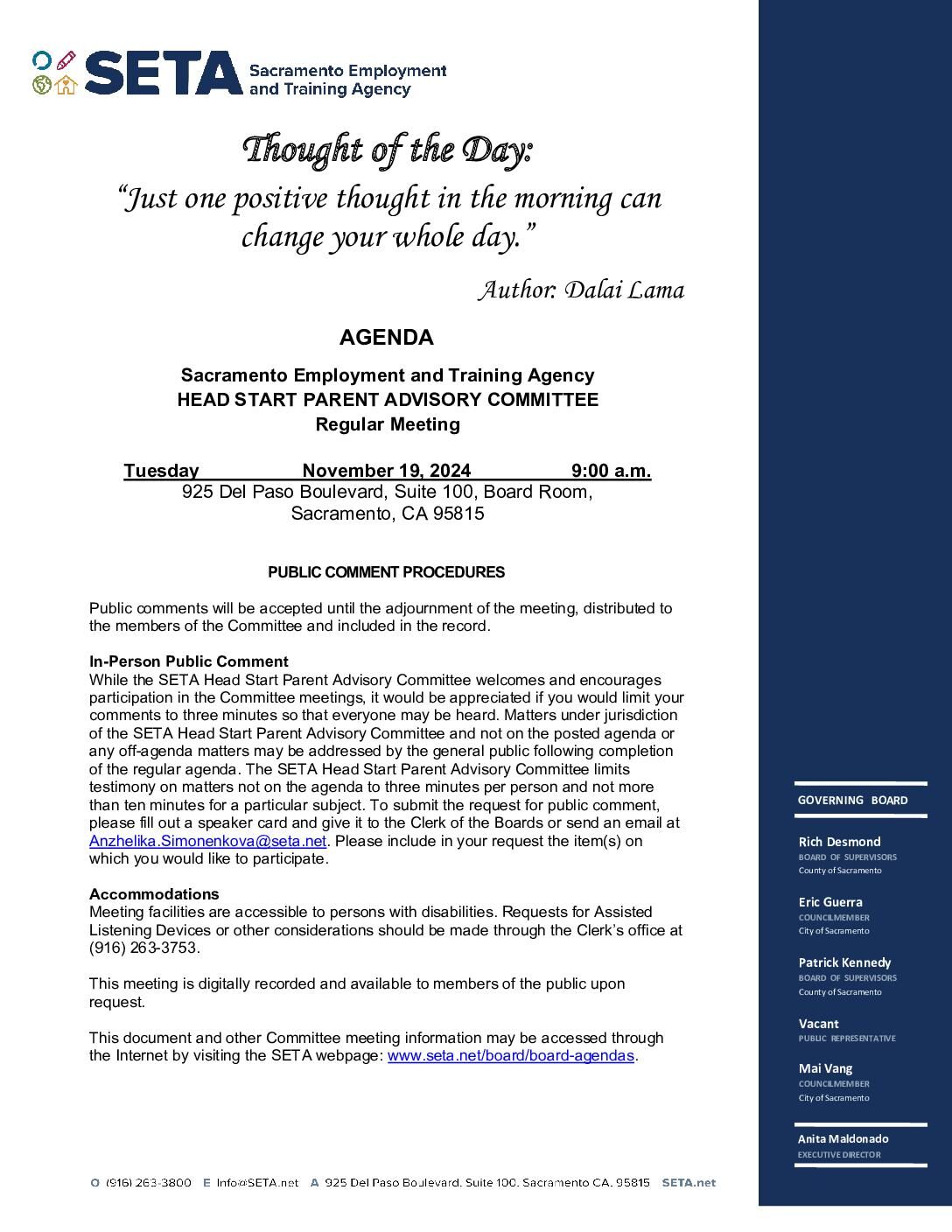 Head Start/Early Head Start Parent Advisory Committee 11/19/2024