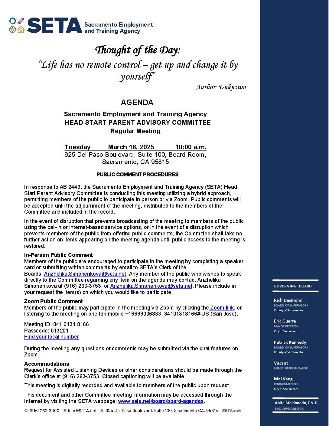 Head Start/Early Head Start Parent Advisory Committee 3/18/2025